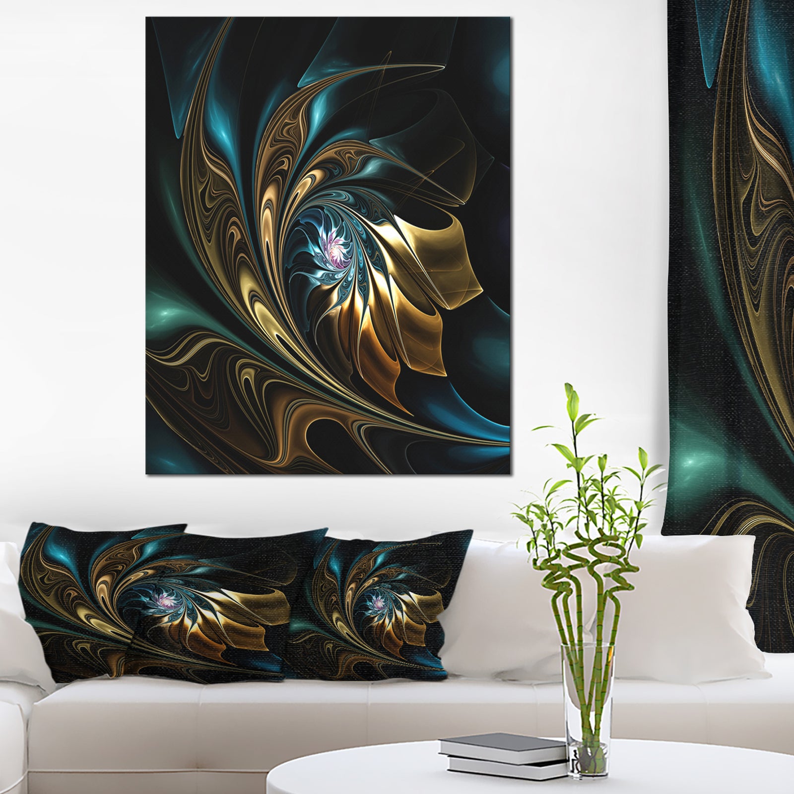 Brown Blue Fractal Flower in Black - Oversized Abstract Canvas Art