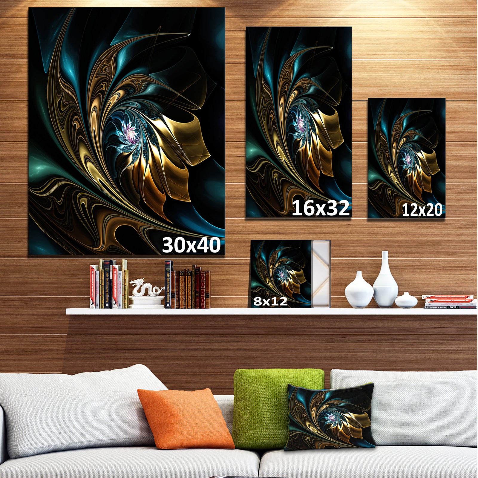 Brown Blue Fractal Flower in Black - Oversized Abstract Canvas Art
