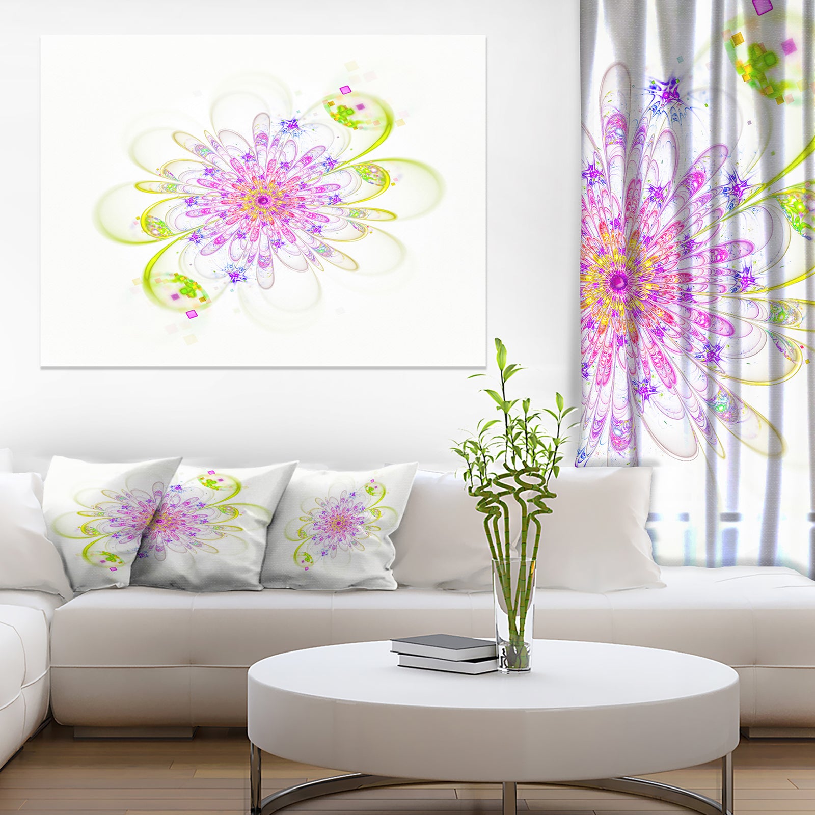 Purple Green Glowing Fractal Flower - Floral Canvas Artwork Print