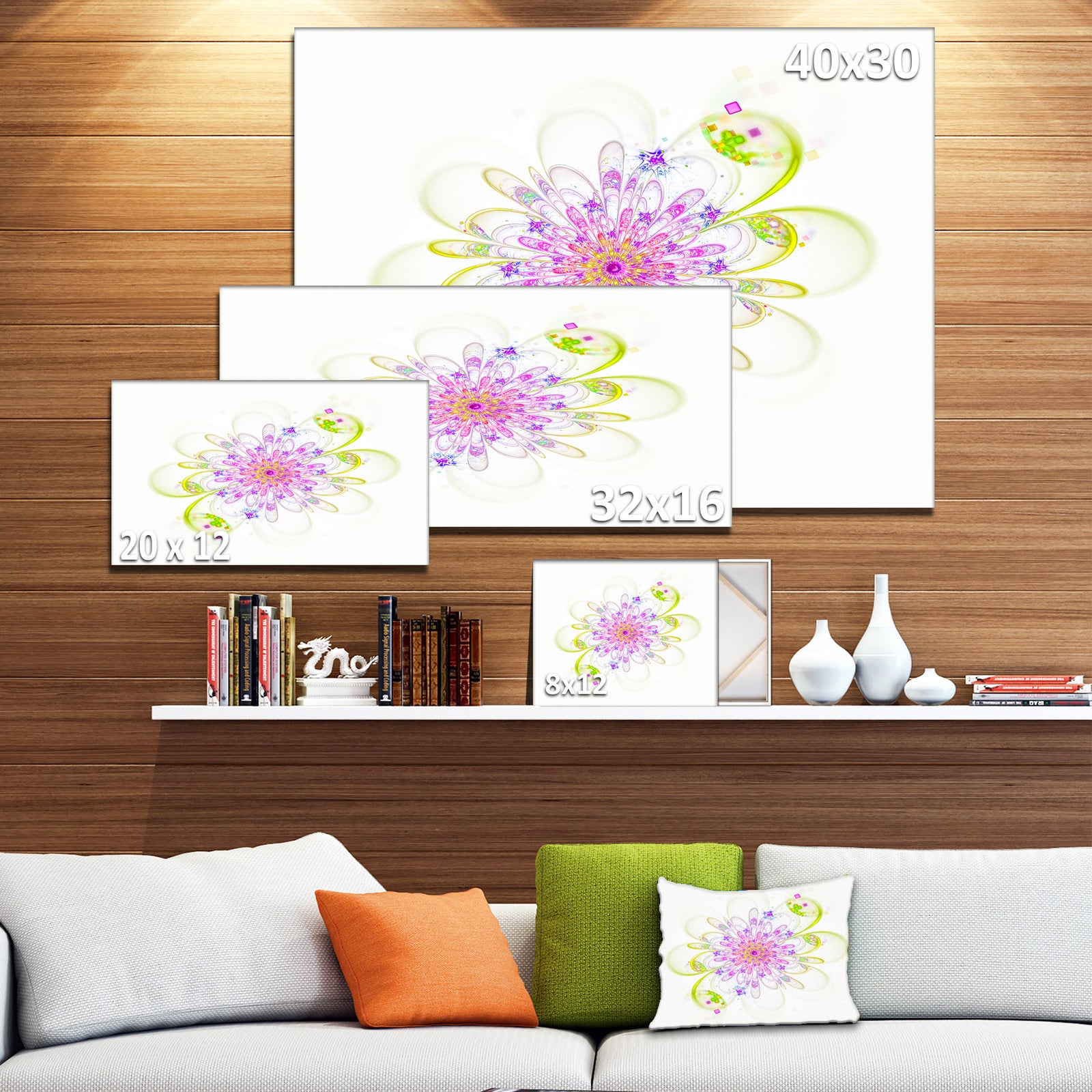 Purple Green Glowing Fractal Flower - Floral Canvas Artwork Print
