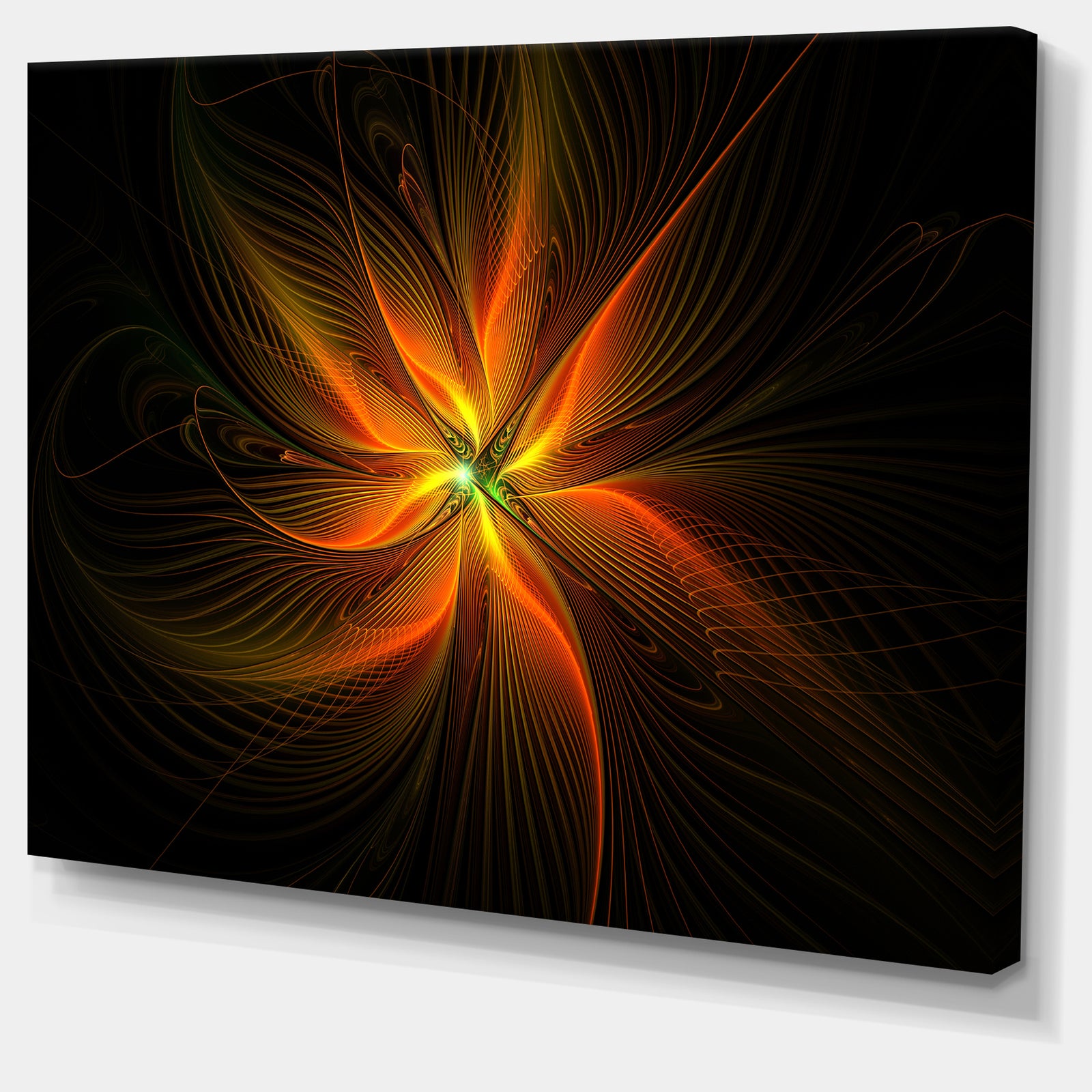 Shiny Golden Yellow Fractal Flower on Black - Floral Canvas Artwork Print