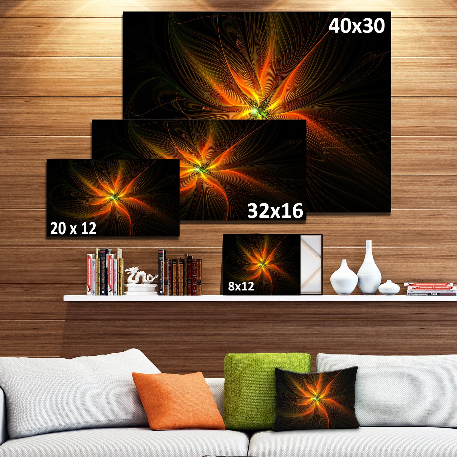 Shiny Golden Yellow Fractal Flower on Black - Floral Canvas Artwork Print