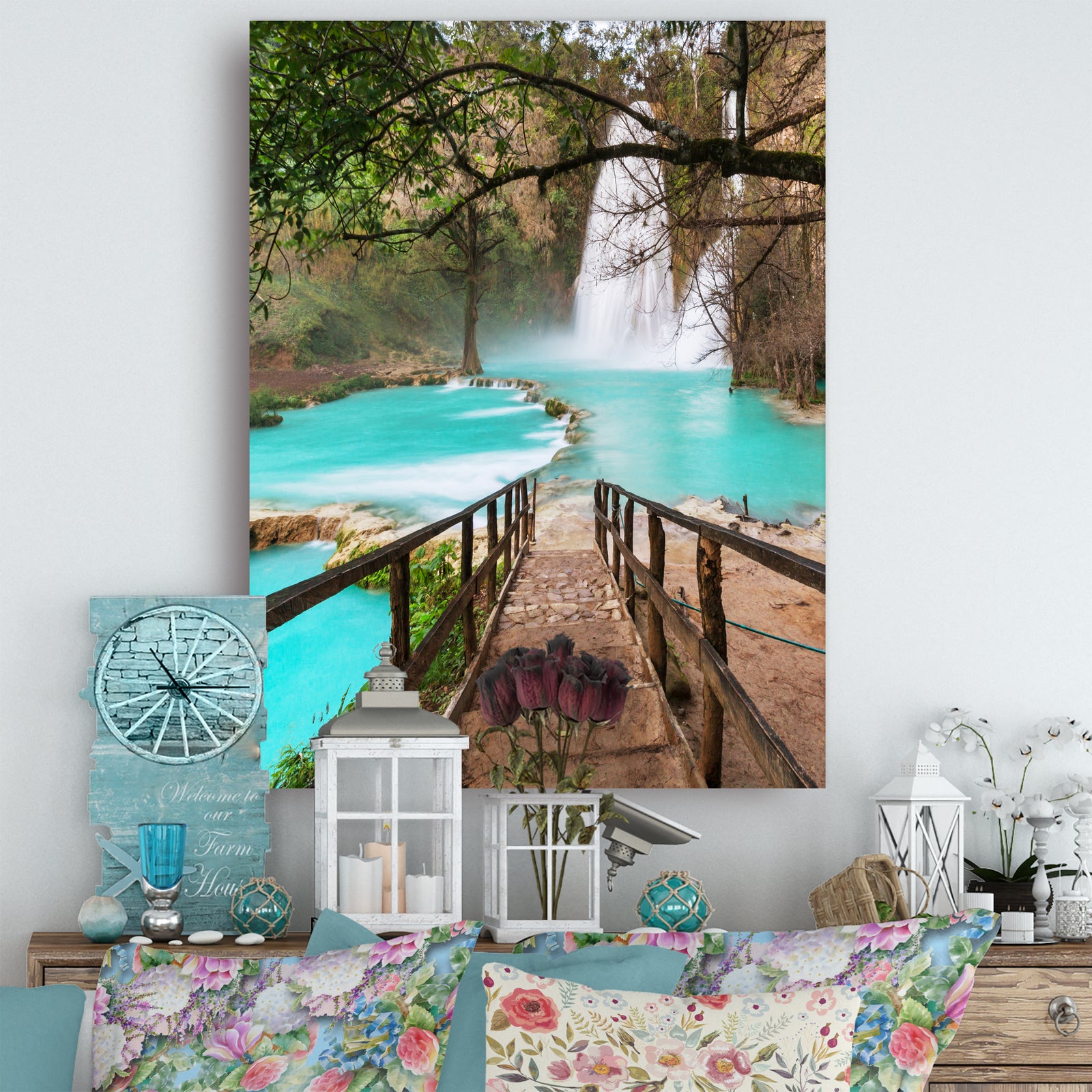 Stairway into Beautiful Waterfall - Oversized Landscape Canvas Art
