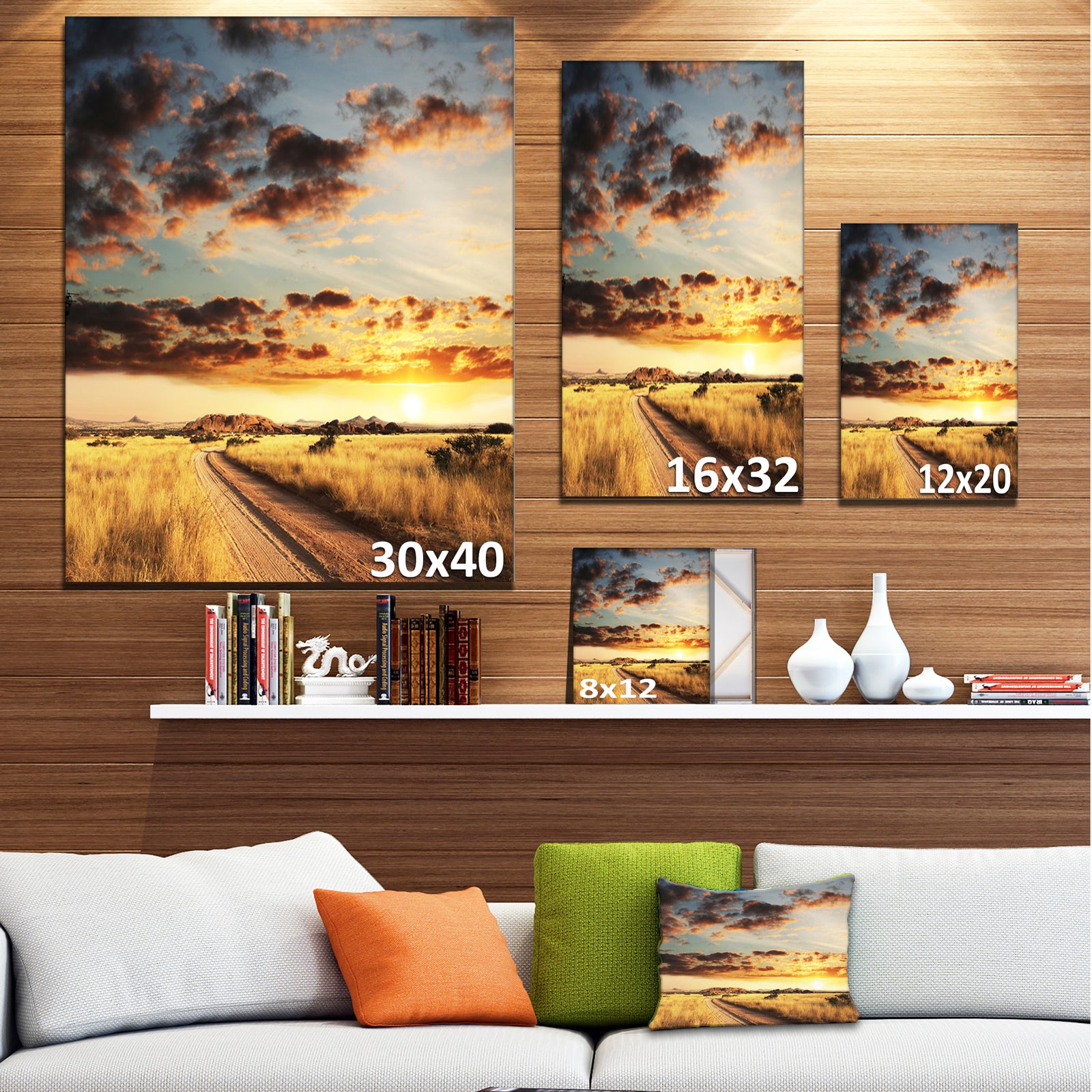 Cloudy African Prairie with Pathway - Extra Large Landscape Canvas Art