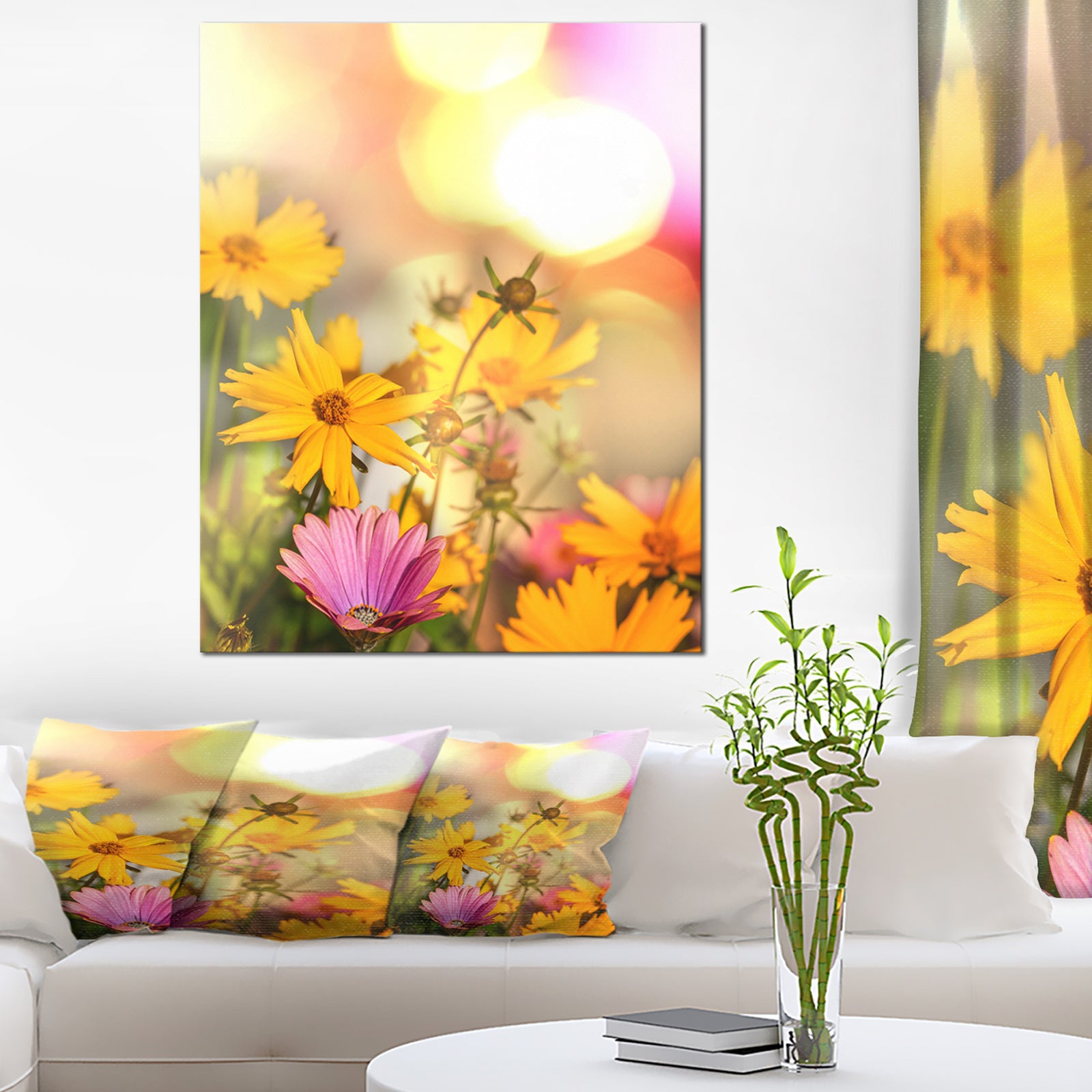 Blooming Yellow and Pink Flowers - Floral Artwork on Canvas