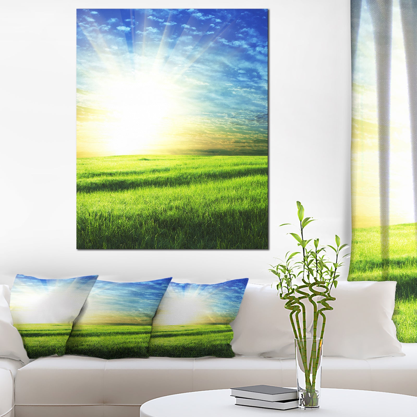 Bright Green Field At Sunrise - Oversized Landscape Canvas Art