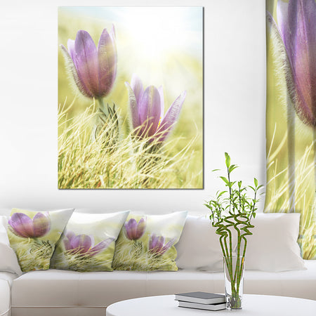 Large Purple Flowers in Green Grass - Modern Flower Canvas Art Print
