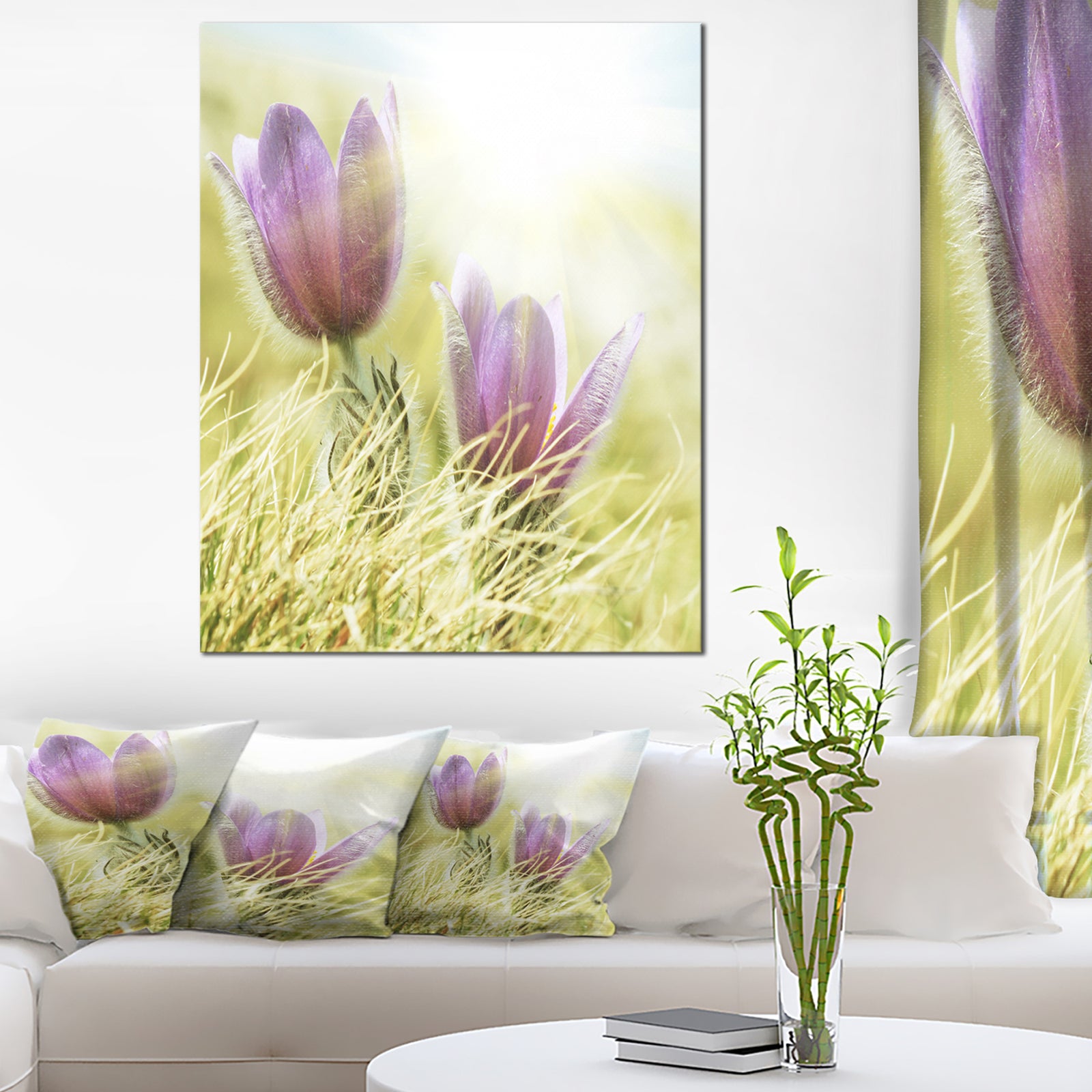 Large Purple Flowers in Green Grass - Modern Flower Canvas Art Print