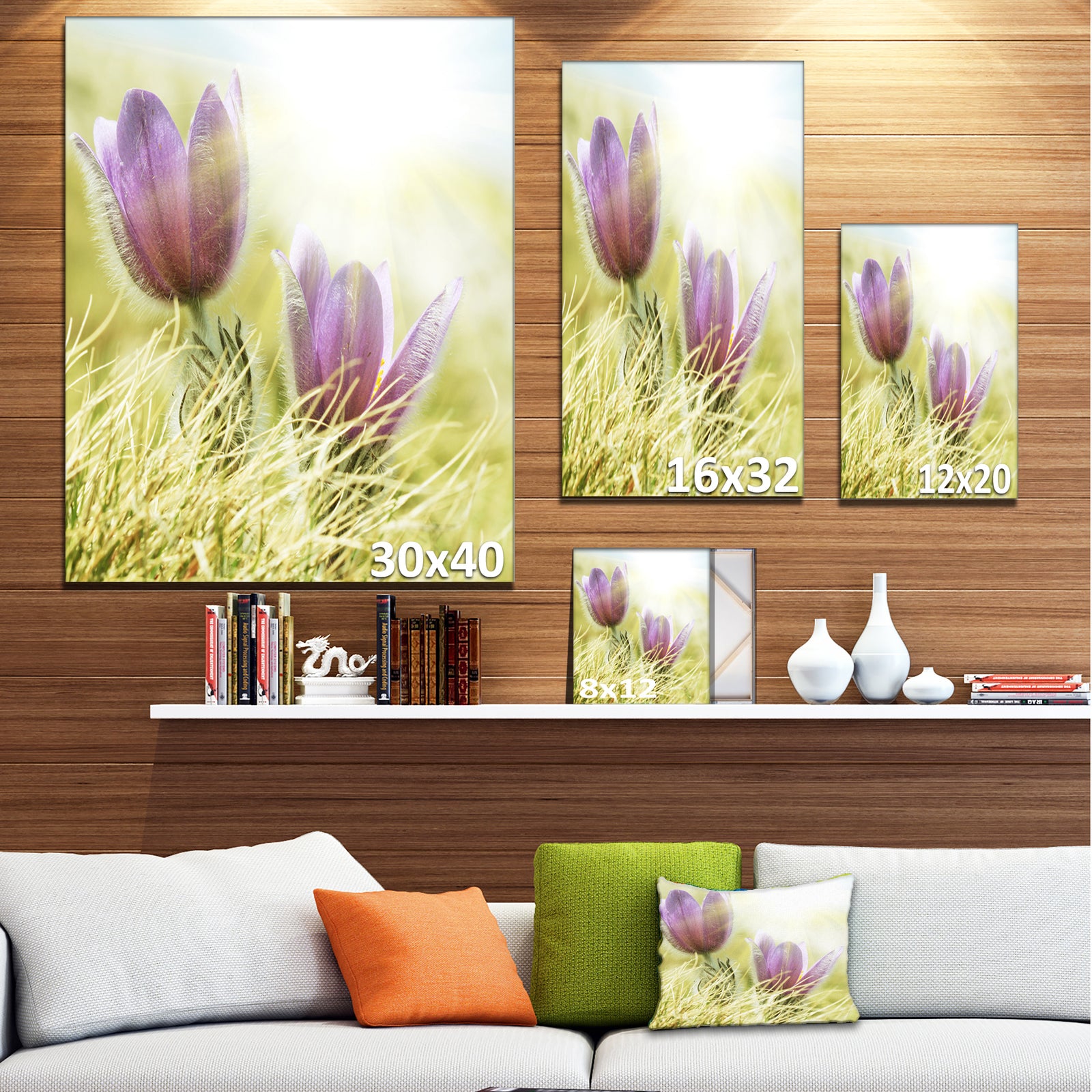 Large Purple Flowers in Green Grass - Modern Flower Canvas Art Print
