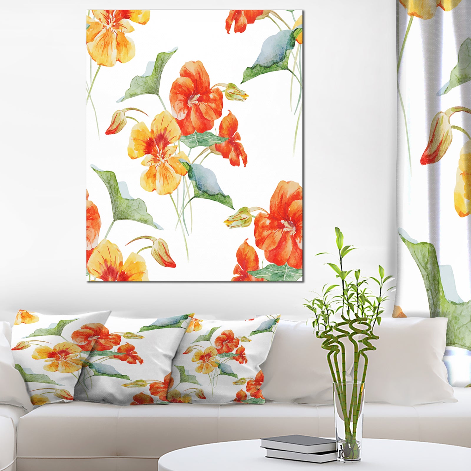 Watercolor Nasturtium Flower Pattern - Extra Large Floral Canvas Art