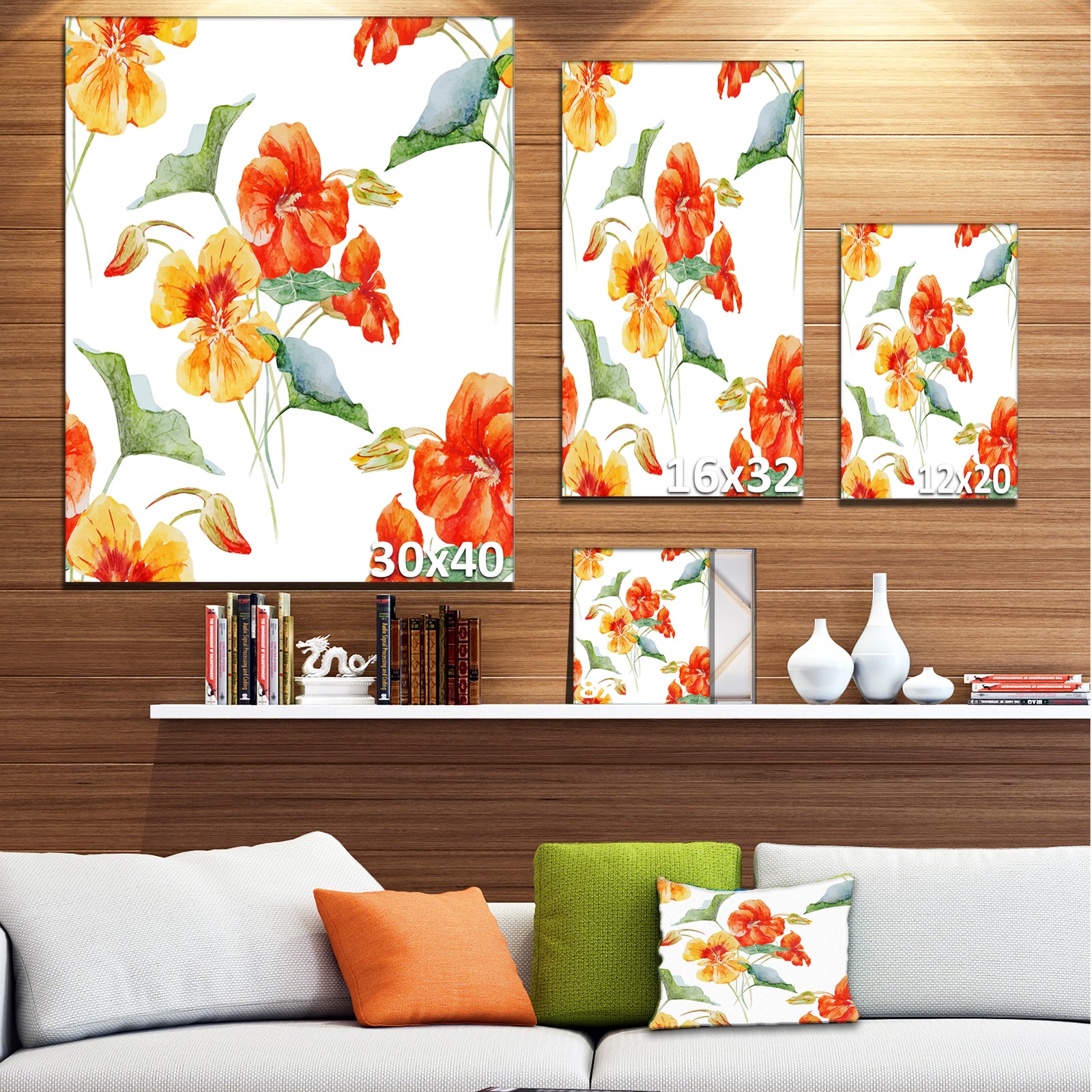Watercolor Nasturtium Flower Pattern - Extra Large Floral Canvas Art