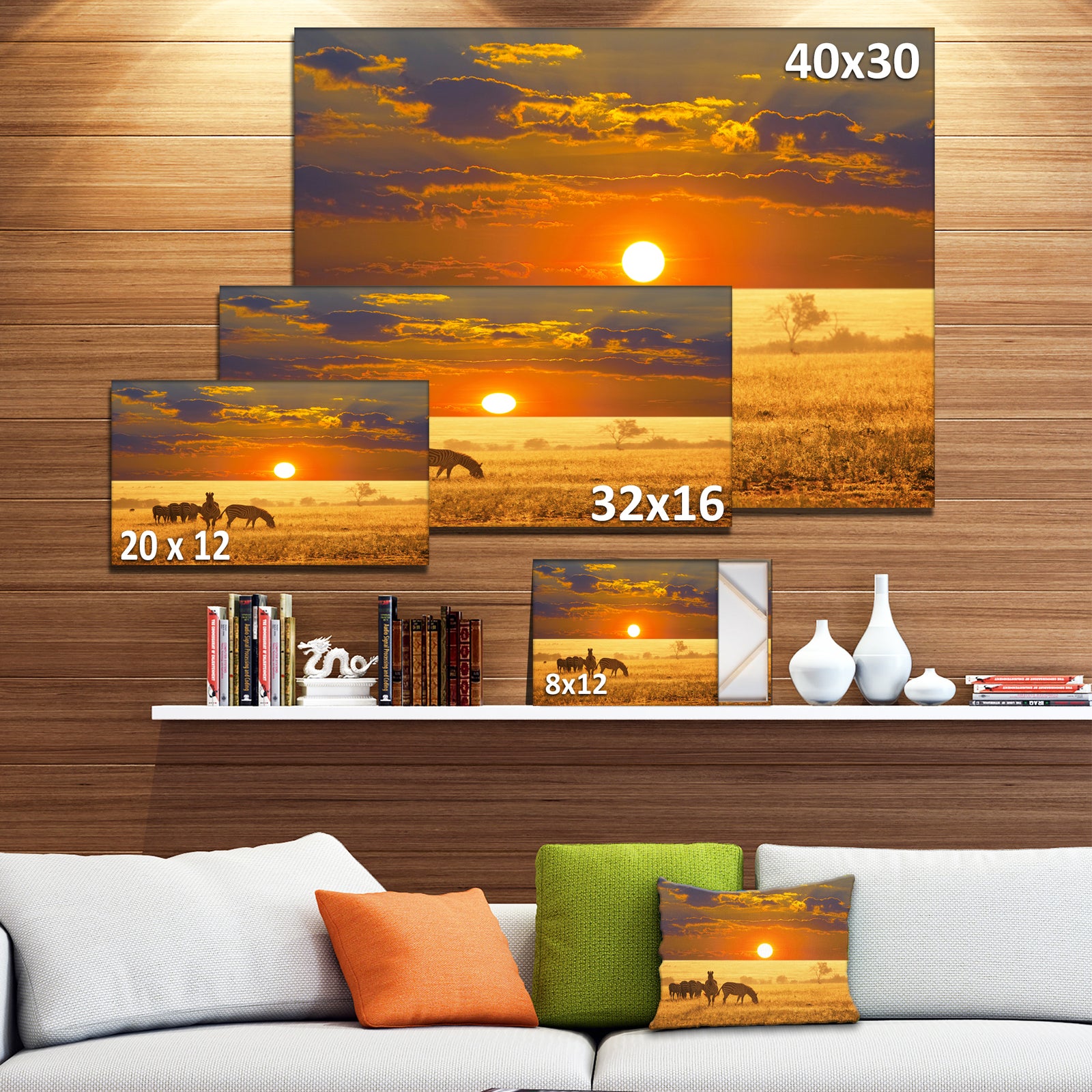 Group of Zebras Grazing At Sunset - Extra Large Animal Art Print