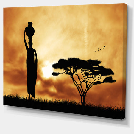 African Woman and Lonely Tree - African Landscape Canvas Art Print
