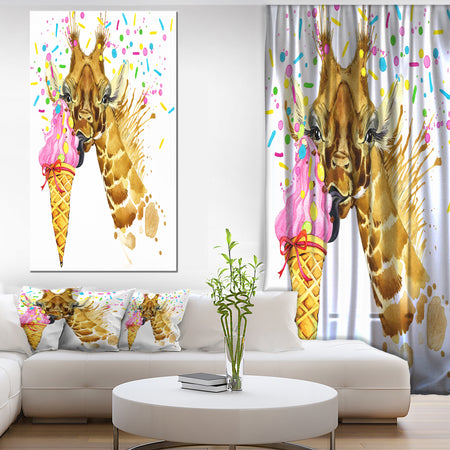 Giraffe Eating Ice Cream Watercolor - Contemporary Animal Art Canvas