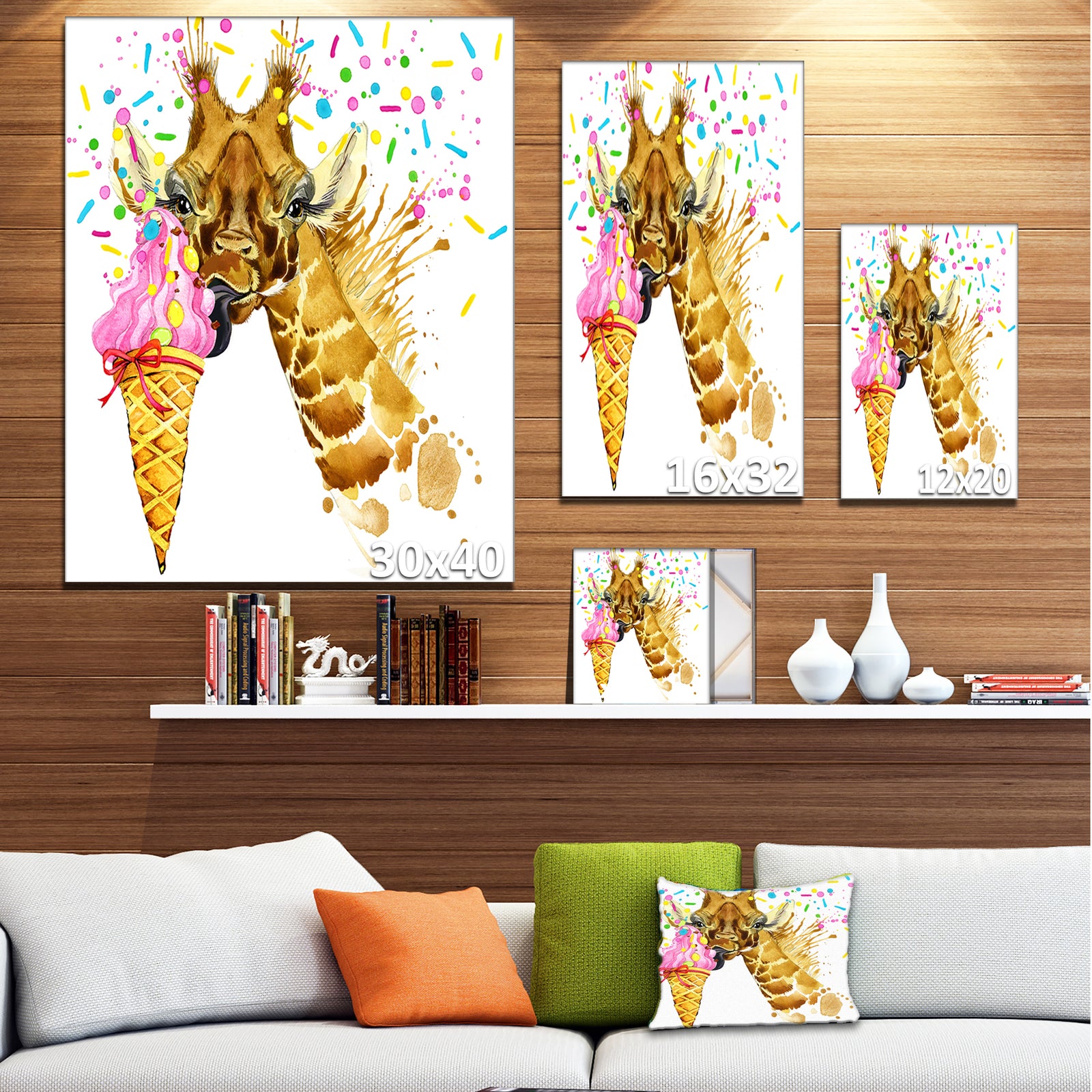 Giraffe Eating Ice Cream Watercolor - Contemporary Animal Art Canvas
