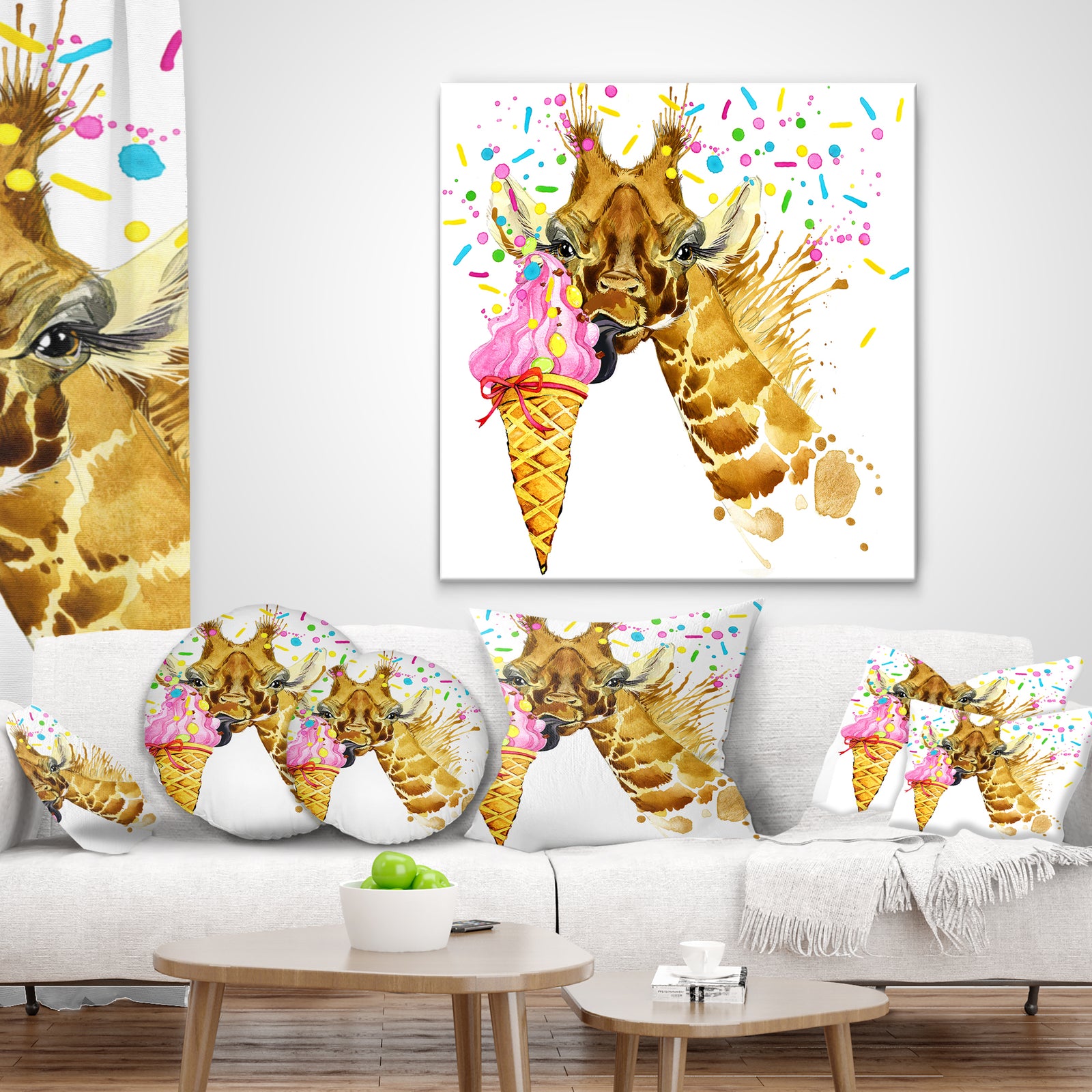 Giraffe Eating Ice Cream Watercolor - Contemporary Animal Art Canvas