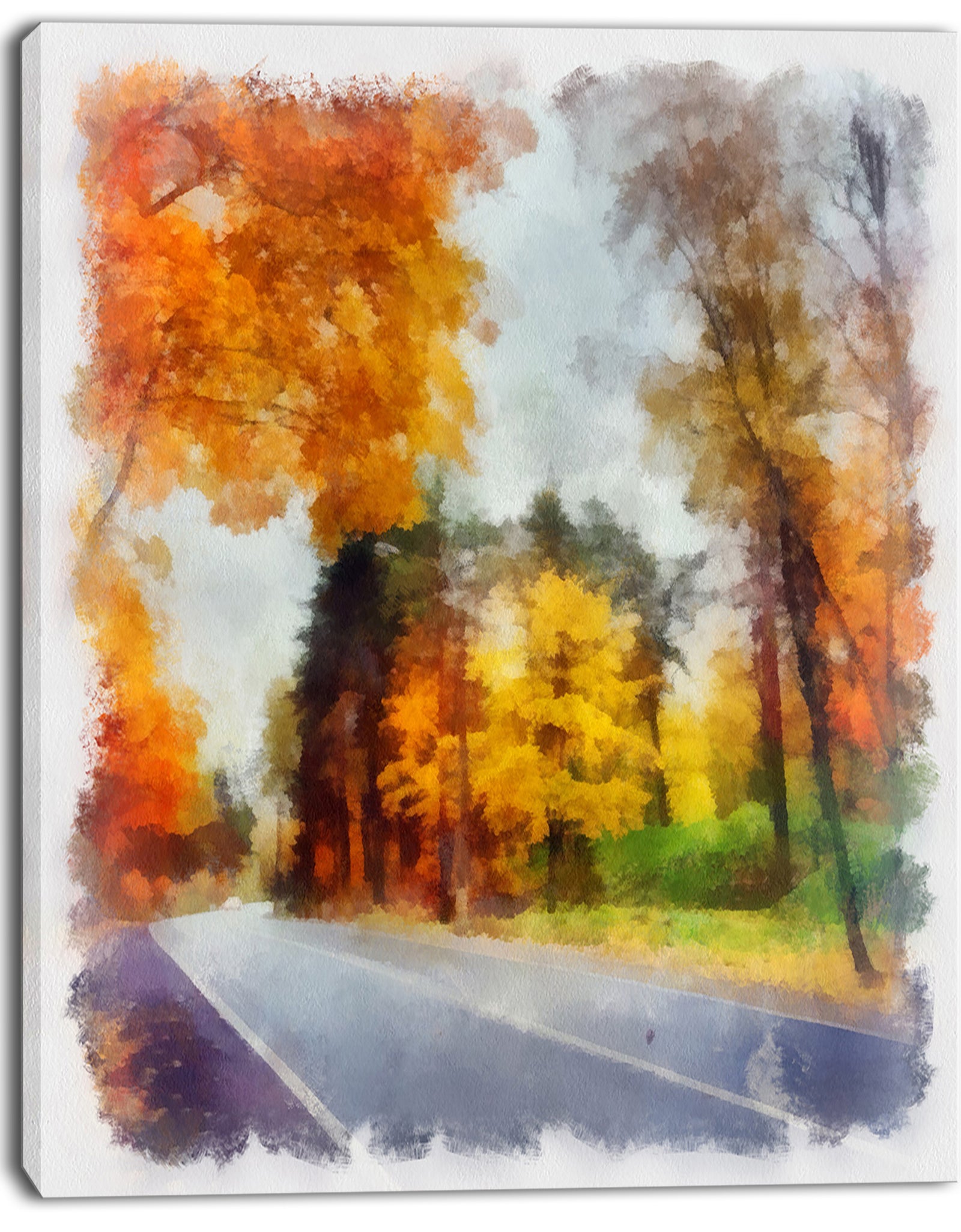 Road and Forest Sketch Watercolor - Landscape Canvas Wall Art