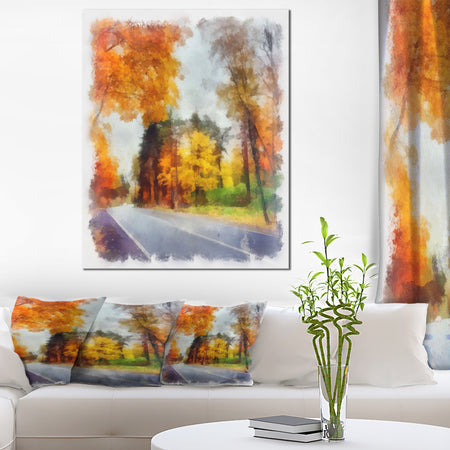 Road and Forest Sketch Watercolor - Landscape Canvas Wall Art