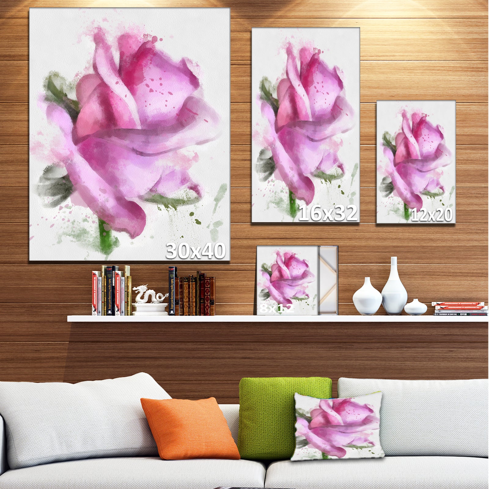 Pink Rose Drawing Watercolor - Modern Floral Canvas Wall Art