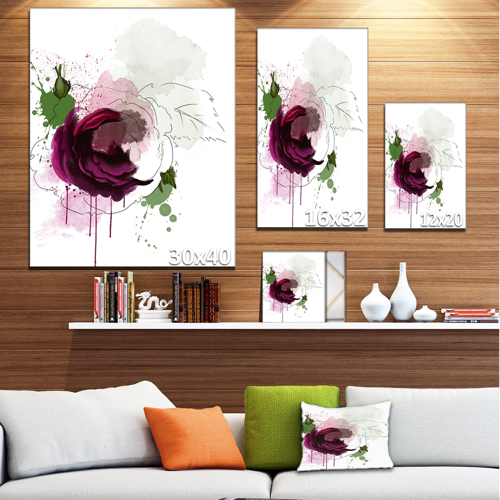 Purple Rose Sketch Watercolor - Modern Floral Canvas Wall Art