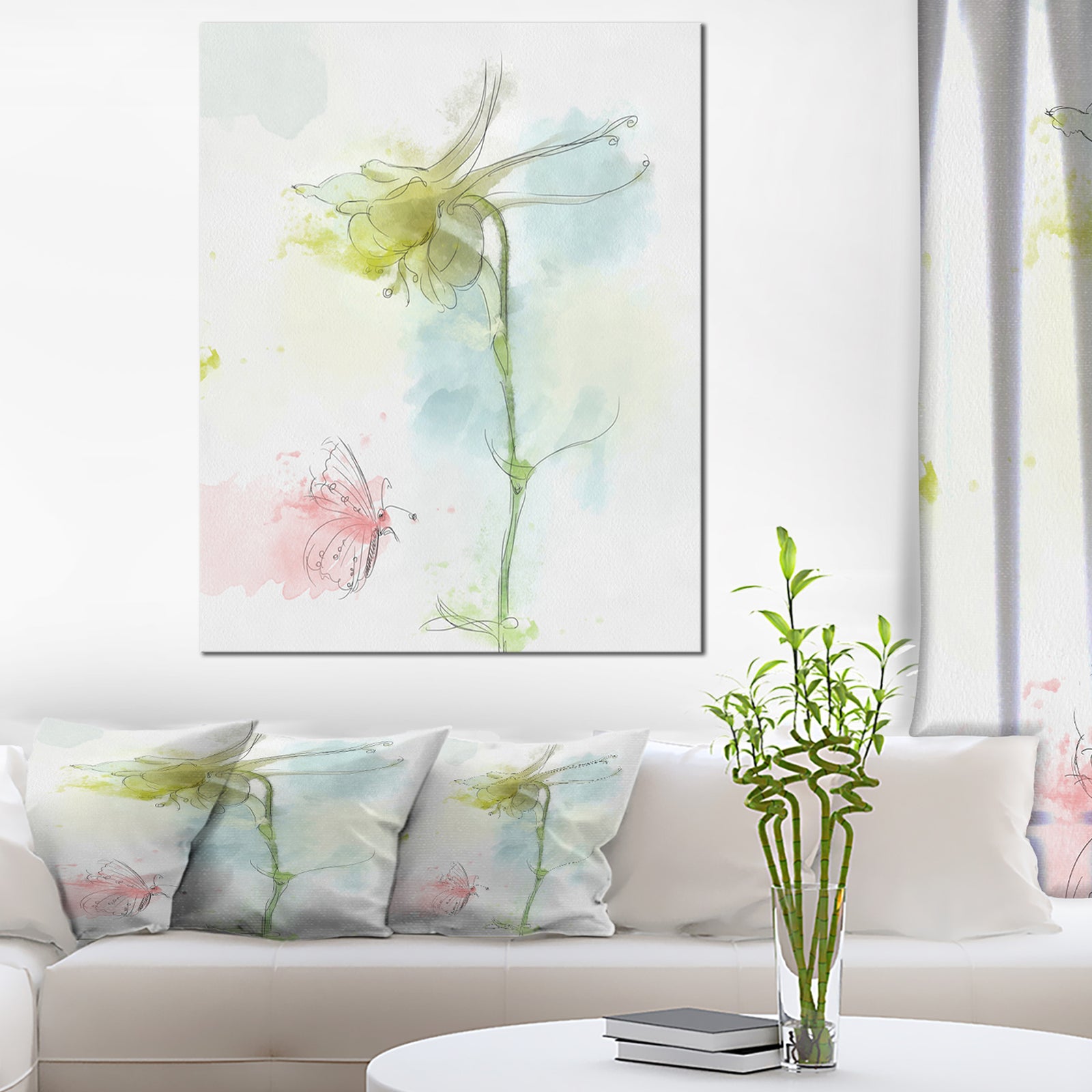 Bellflower Sketch and Butterfly - Modern Floral Canvas Wall Art