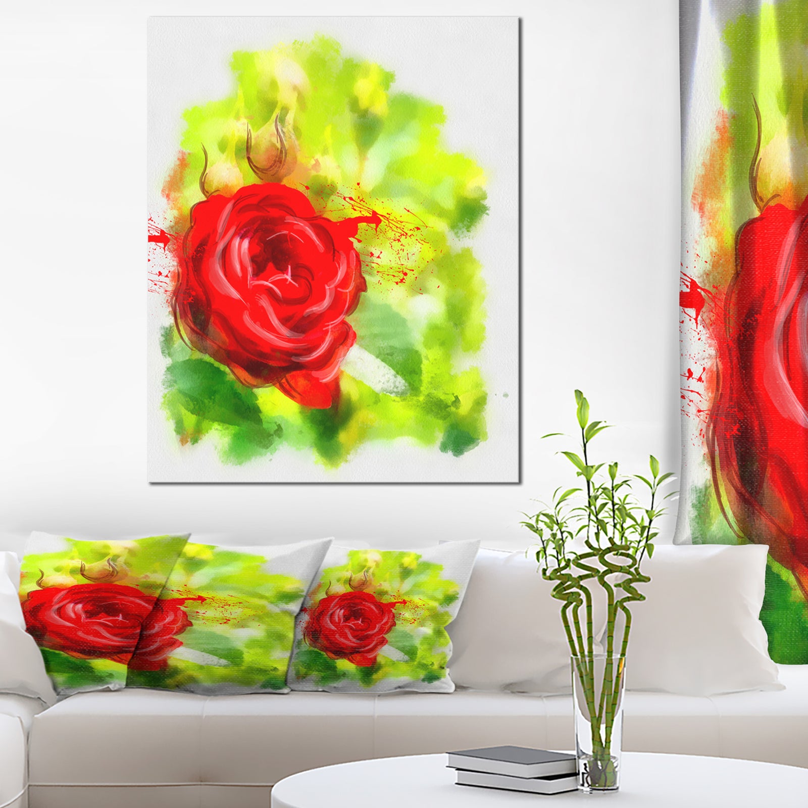 Bright Red Rose on Light Green - Modern Floral Canvas Wall Art