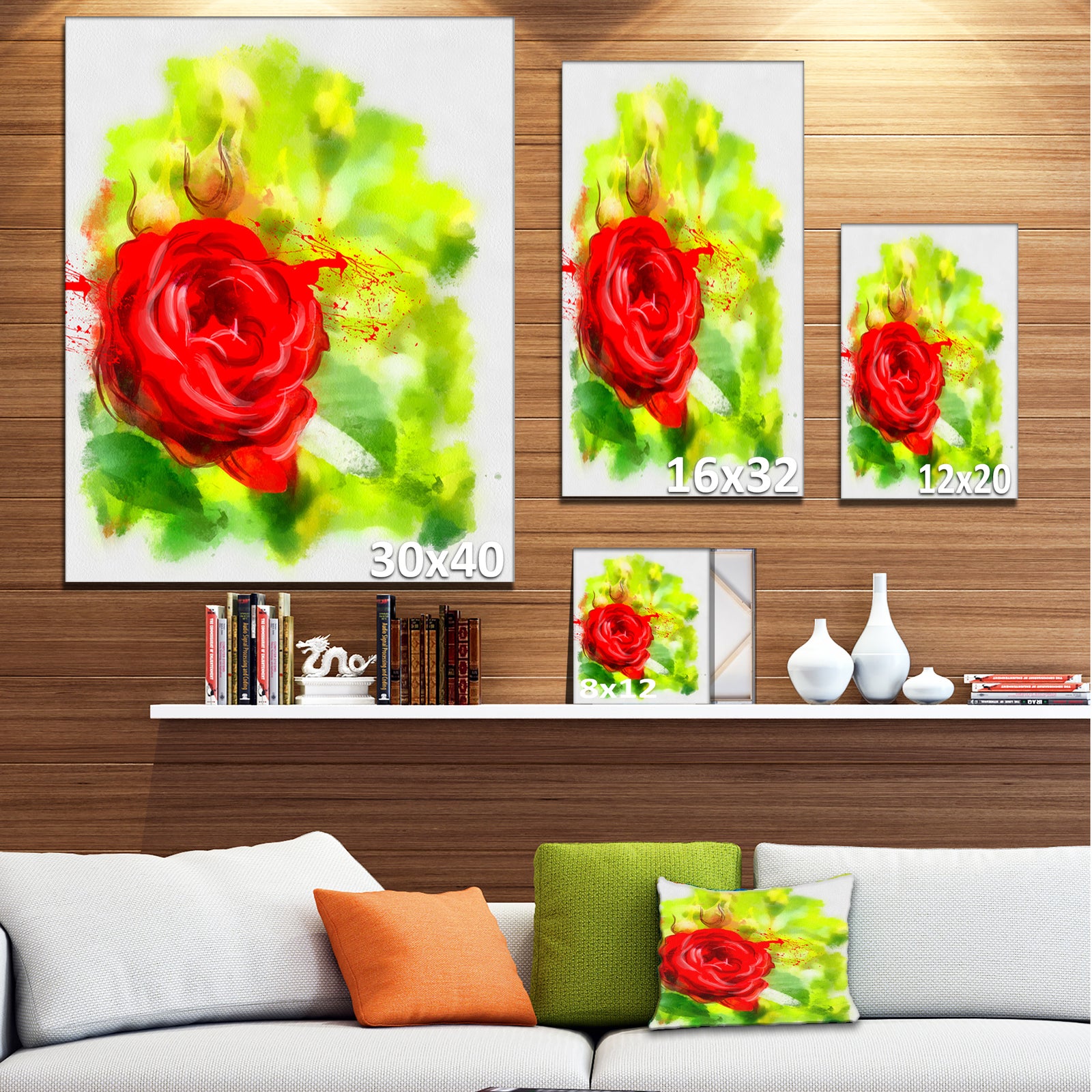 Bright Red Rose on Light Green - Modern Floral Canvas Wall Art