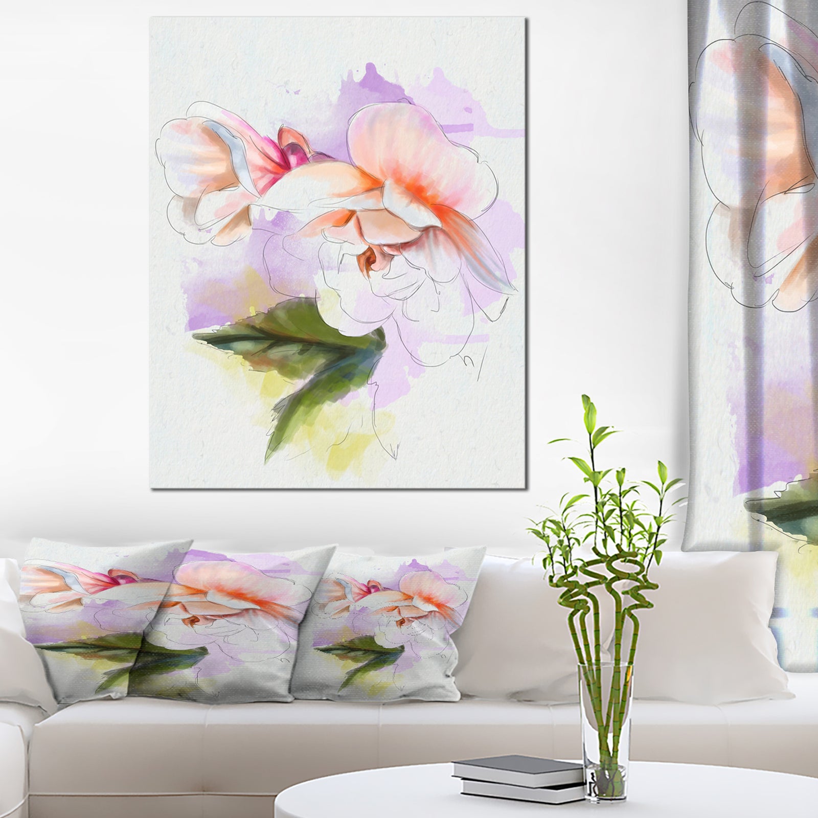 White Begonia Flower Watercolor - Modern Floral Canvas Wall Art