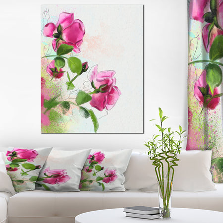 Purple Roses with Green Leaves - Modern Floral Canvas Wall Art
