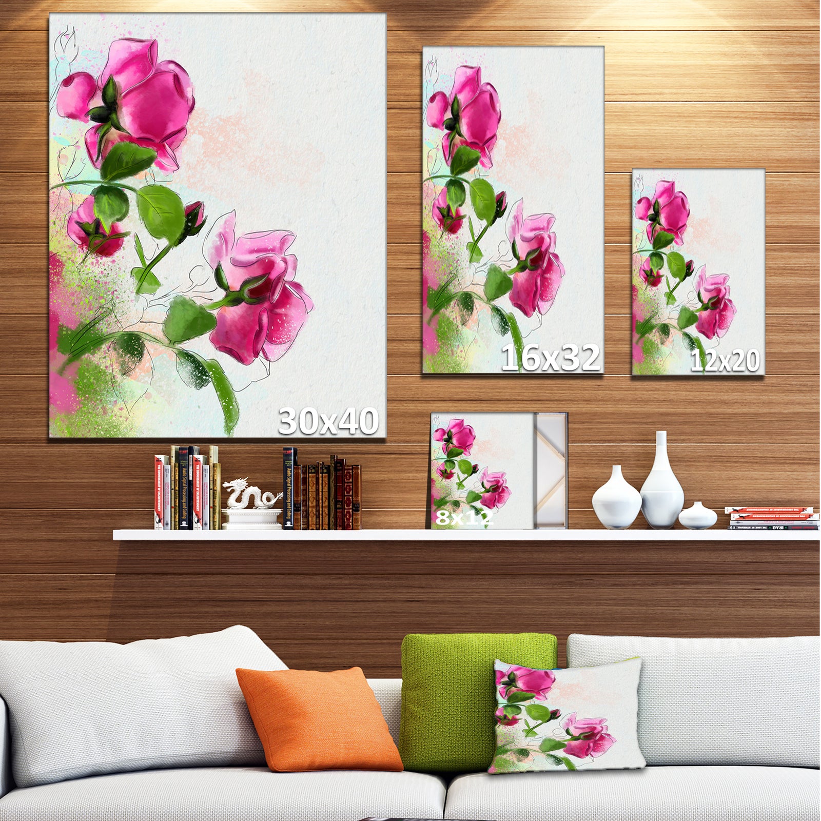 Purple Roses with Green Leaves - Modern Floral Canvas Wall Art