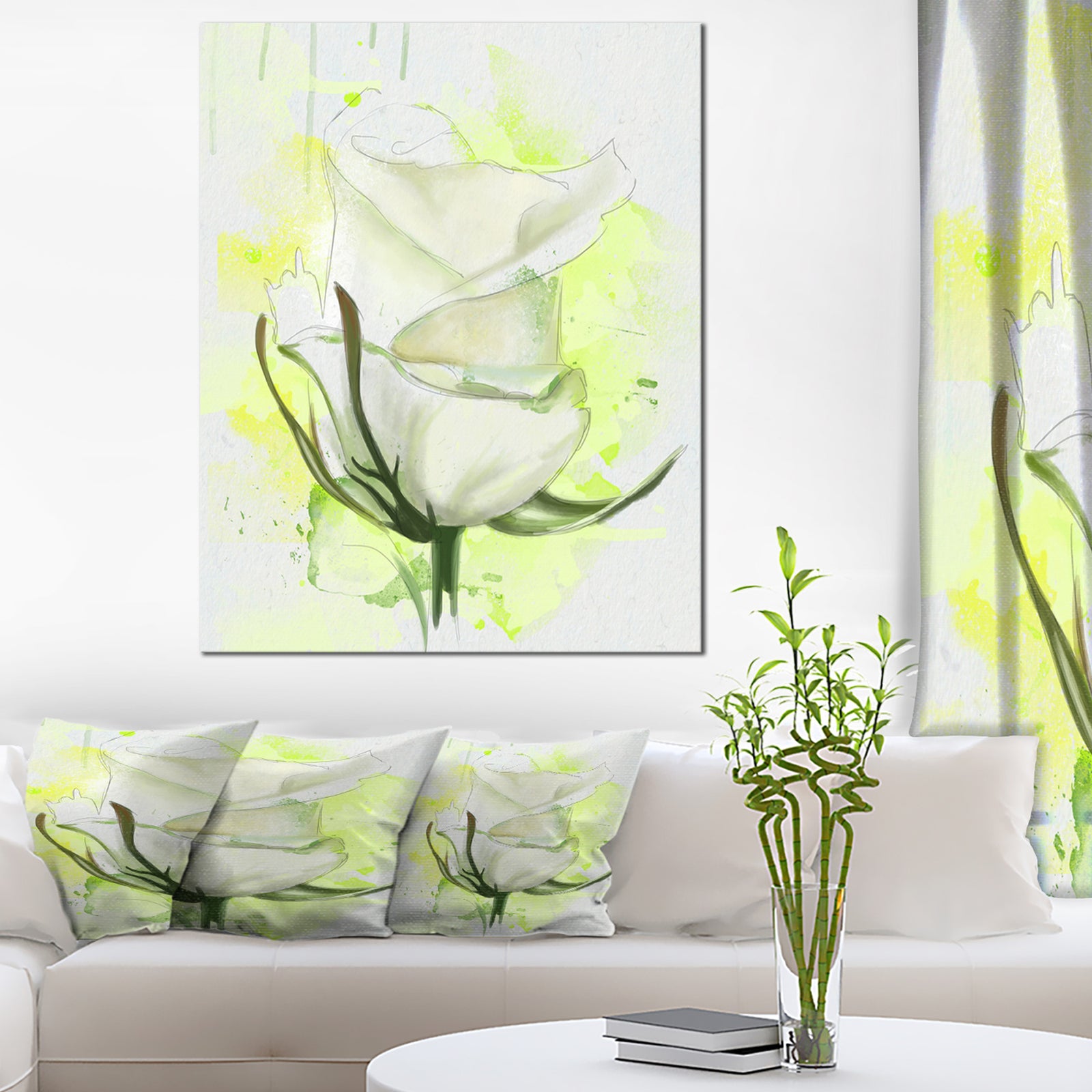 White Roses Watercolor Sketch - Modern Floral Canvas Wall Art