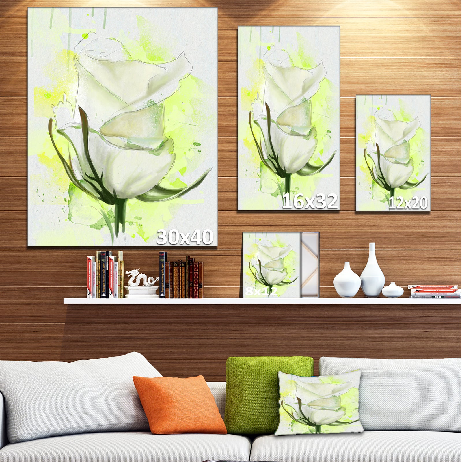 White Roses Watercolor Sketch - Modern Floral Canvas Wall Art