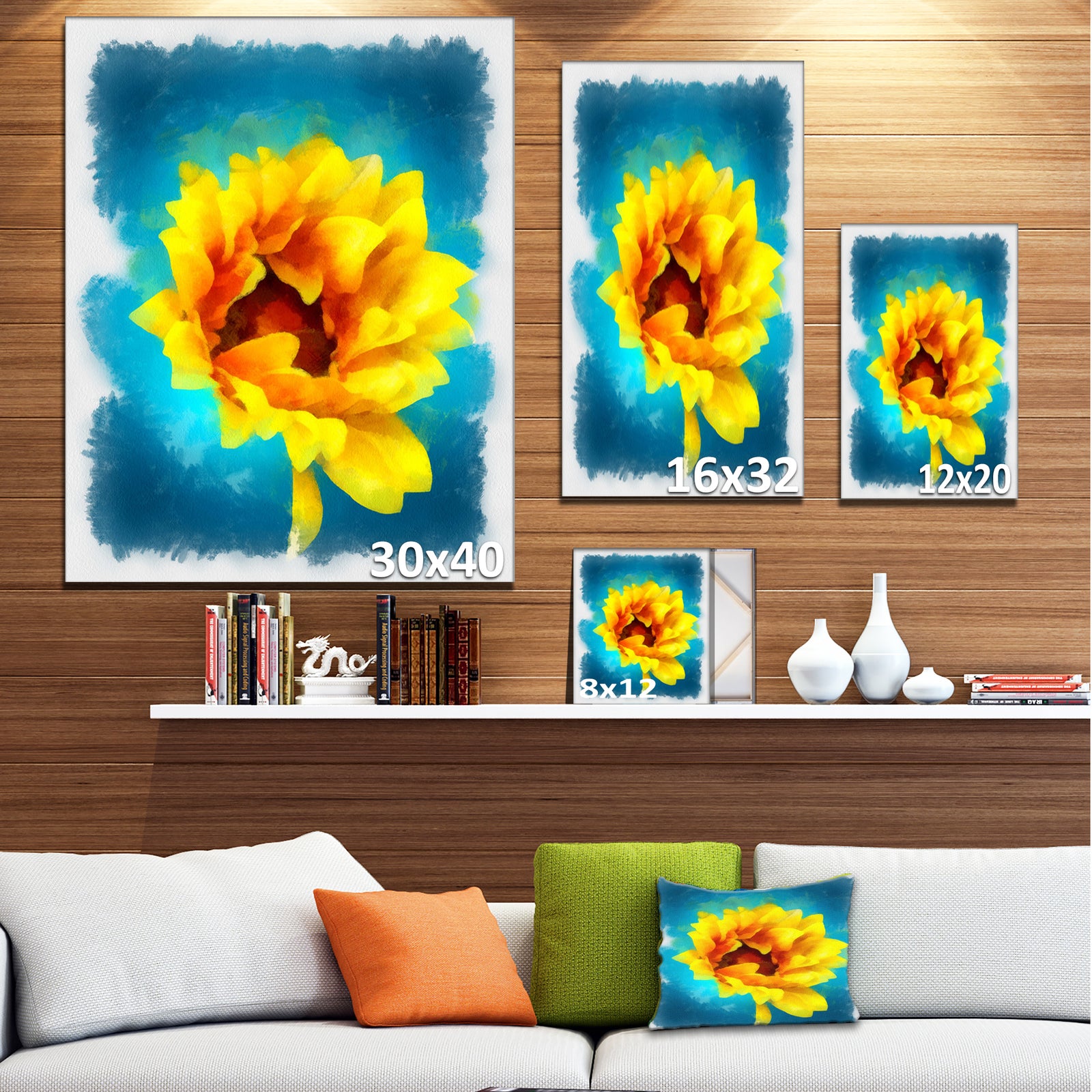 Sunflower on Blue Watercolor - Modern Floral Canvas Wall Art