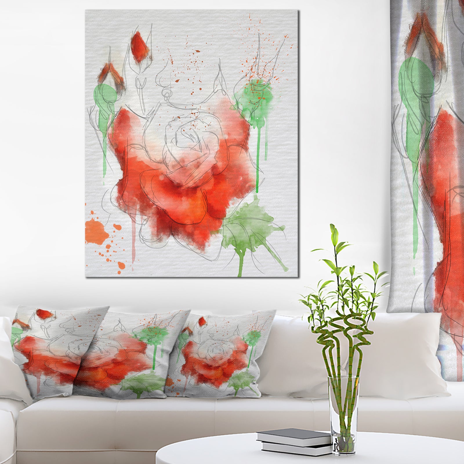 Red Rose Illustration Watercolor - Modern Floral Canvas Wall Art