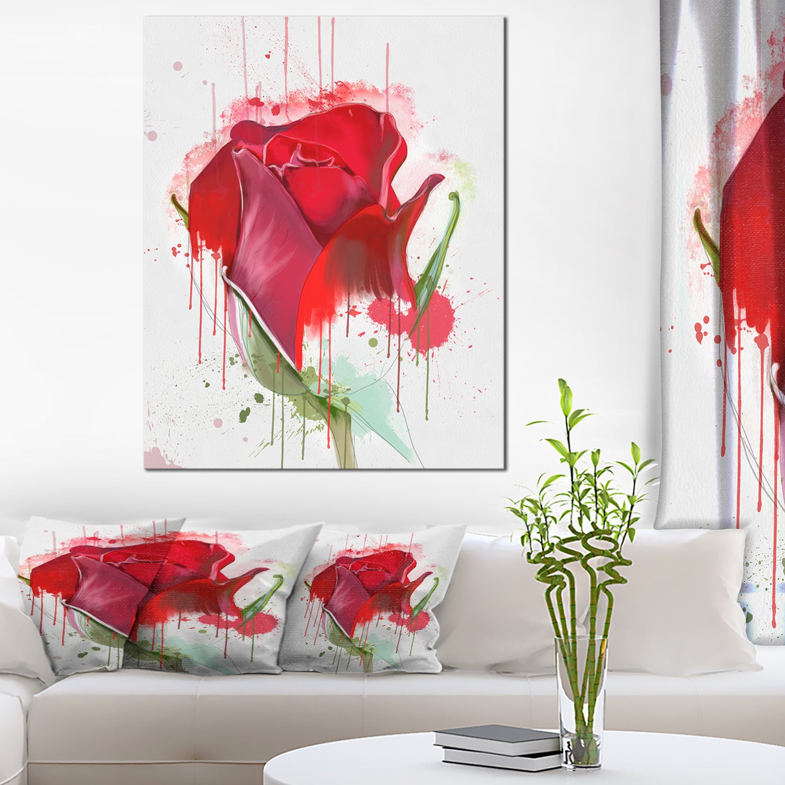 Colorful Red Rose Sketch Watercolor - Modern Floral Canvas Wall Art