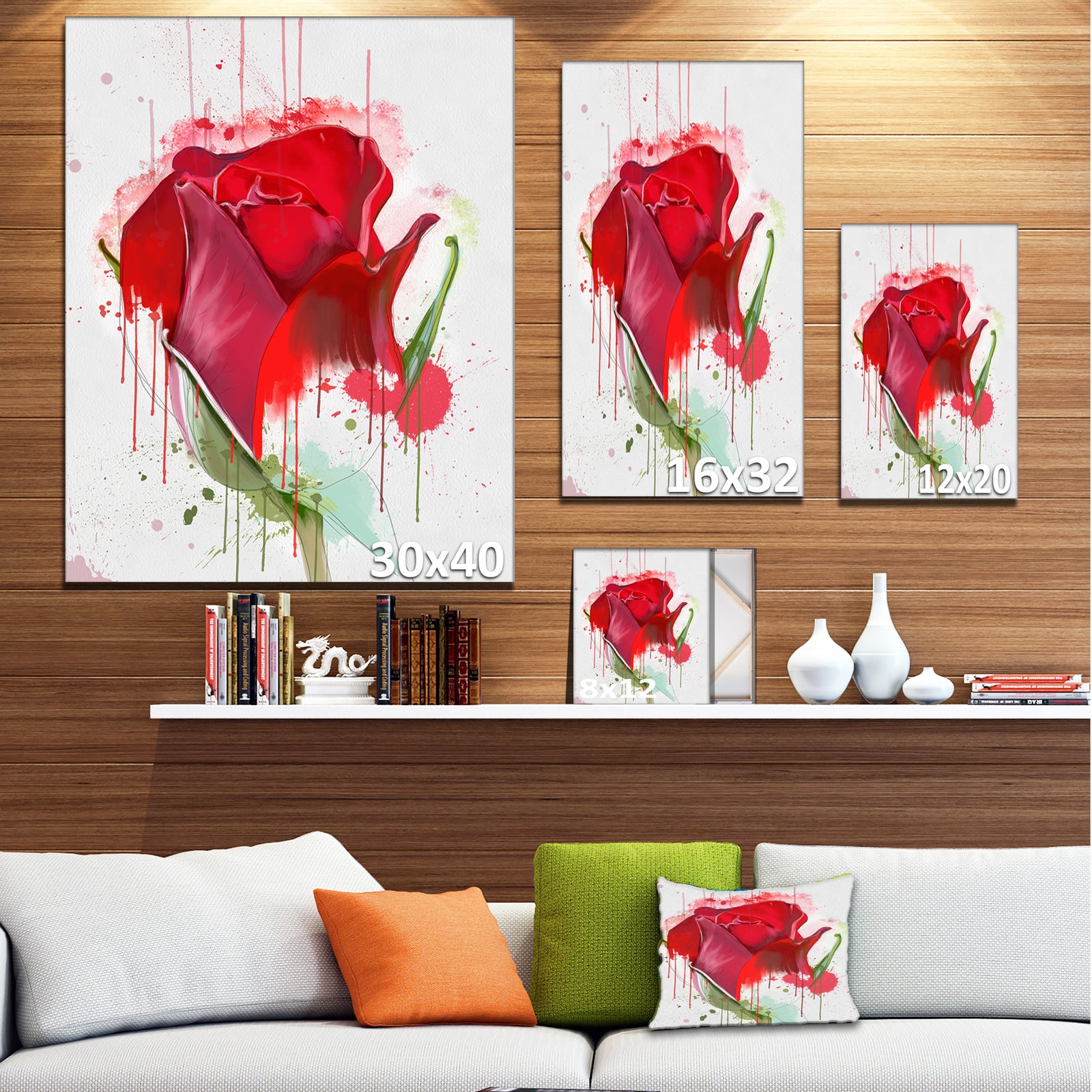 Colorful Red Rose Sketch Watercolor - Modern Floral Canvas Wall Art