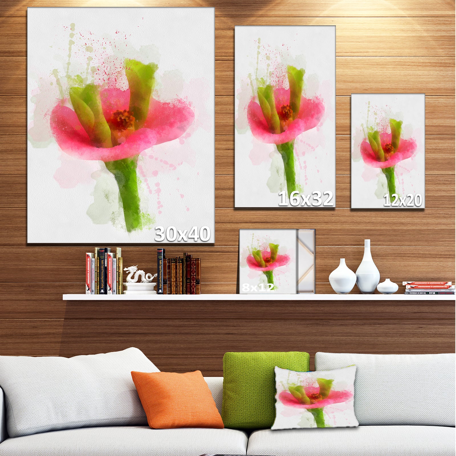 Green Red Flower Sketch Watercolor - Modern Floral Canvas Wall Art