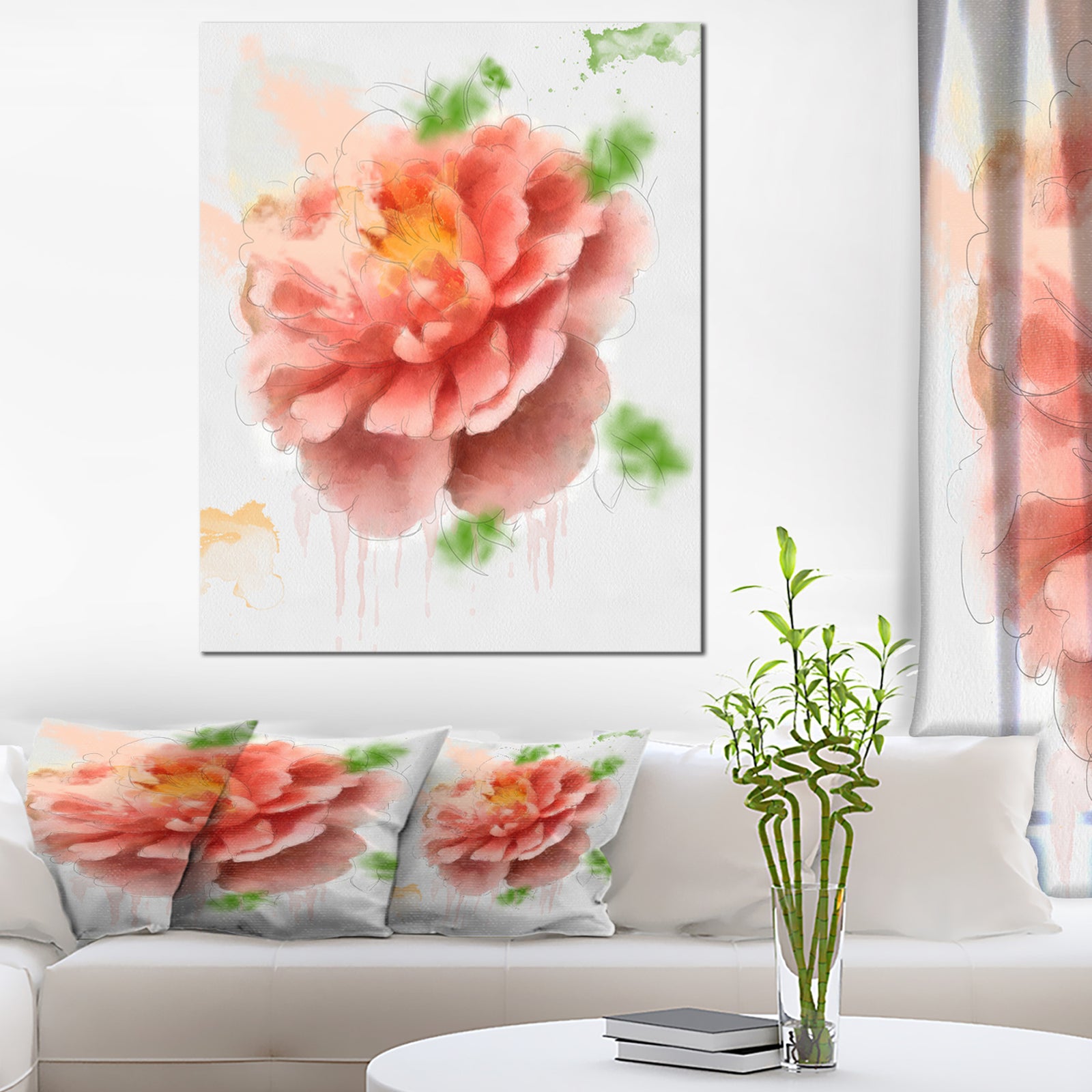 Light Red Rose Sketch Watercolor - Modern Floral Canvas Wall Art