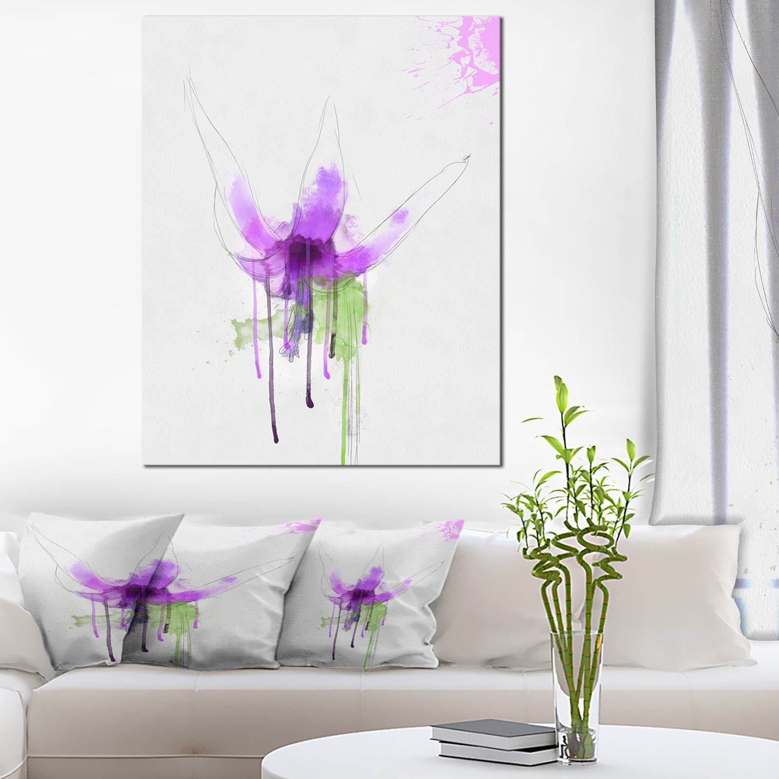 Purple Flower with Green Splash - Modern Floral Canvas Wall Art