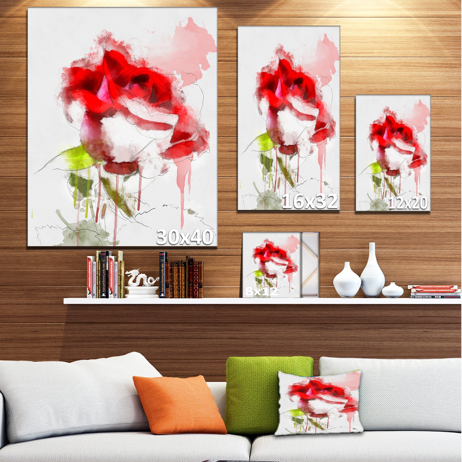Red Rose Sketch with Red Splashes - Large Floral Canvas Artwork