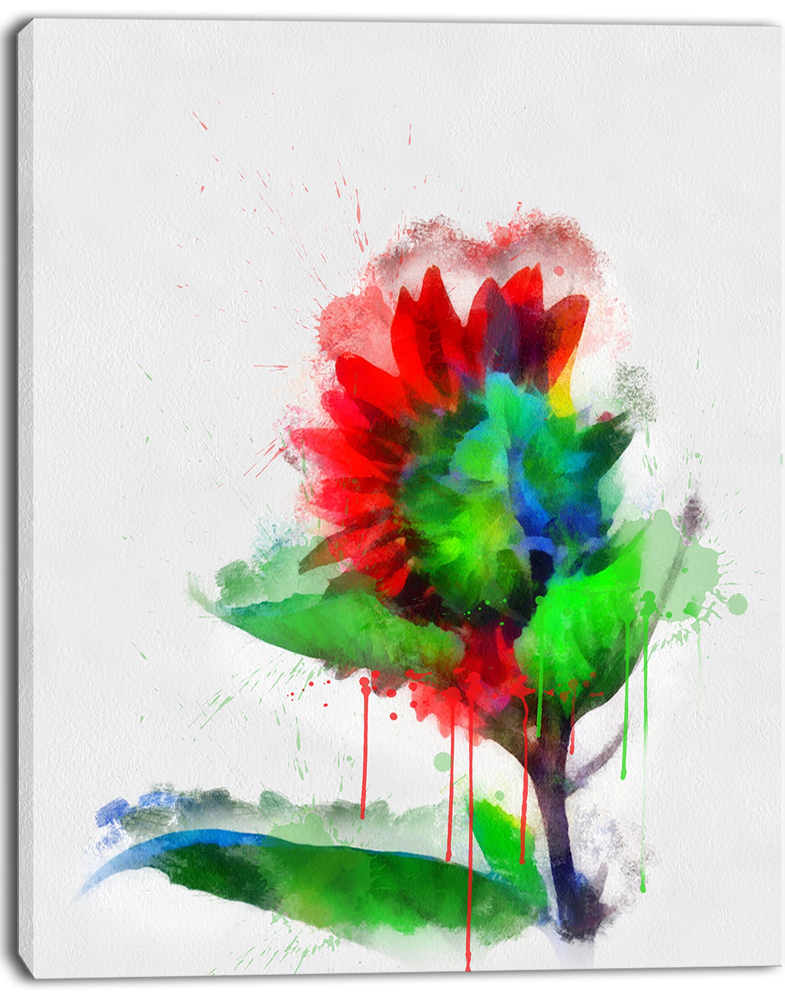 Colorful Flower Stem with Splashes - Large Floral Canvas Artwork