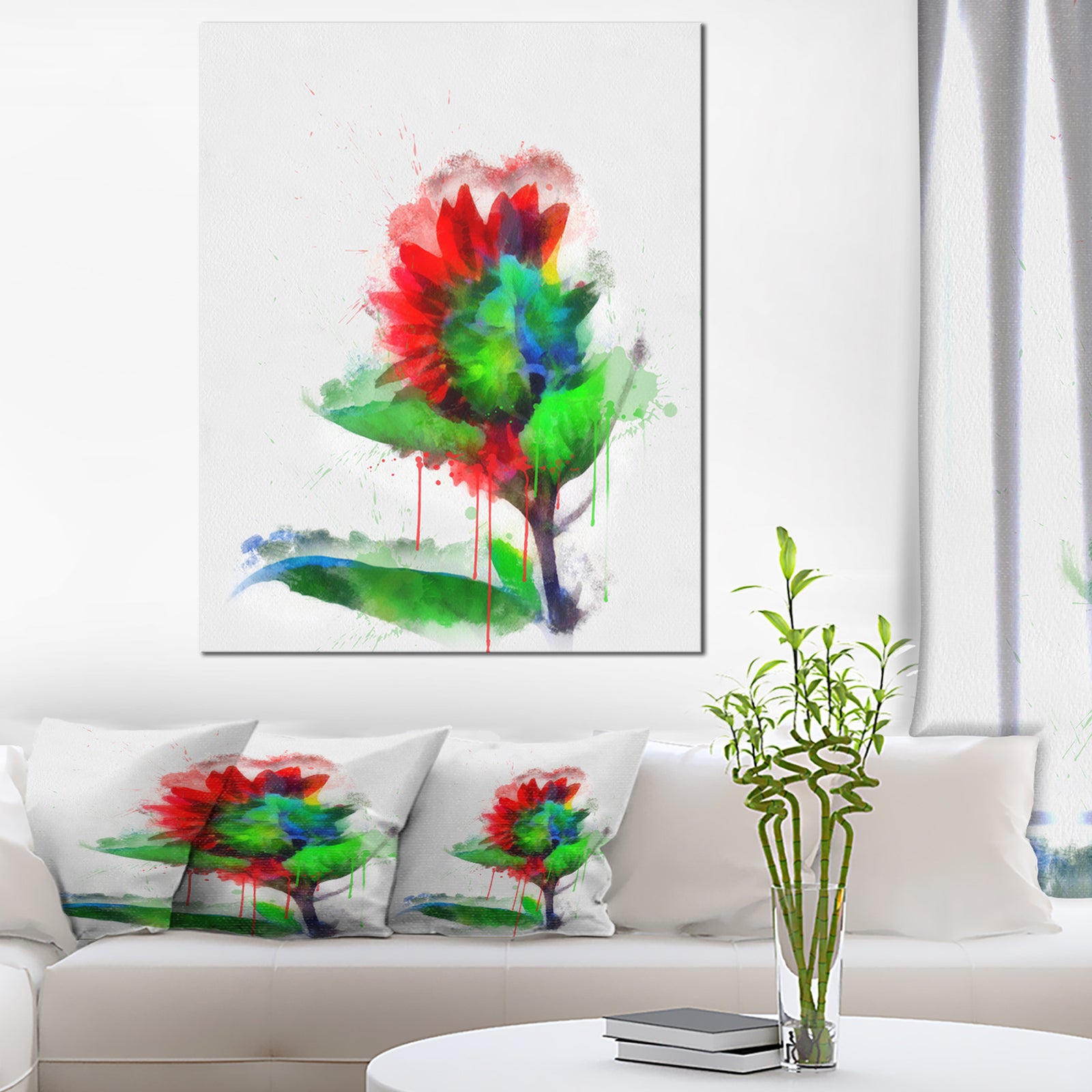Colorful Flower Stem with Splashes - Large Floral Canvas Artwork