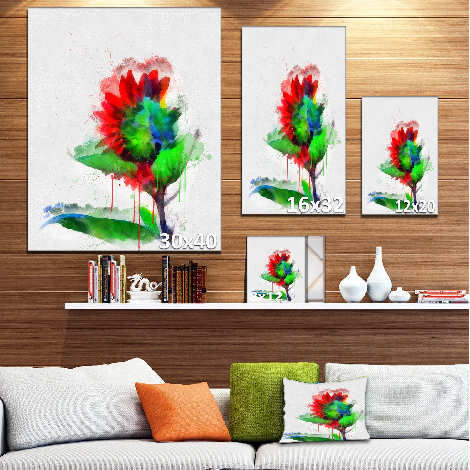 Colorful Flower Stem with Splashes - Large Floral Canvas Artwork