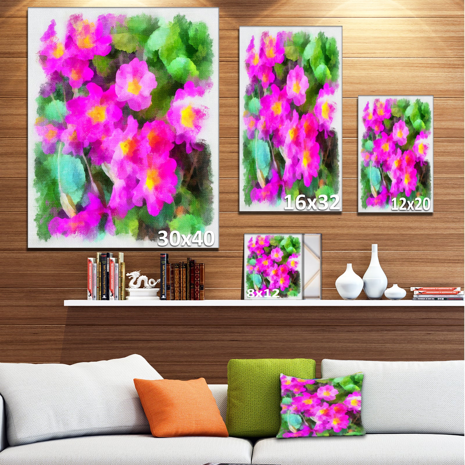 Pink Little Flowers with Green Leaves - Large Floral Canvas Artwork