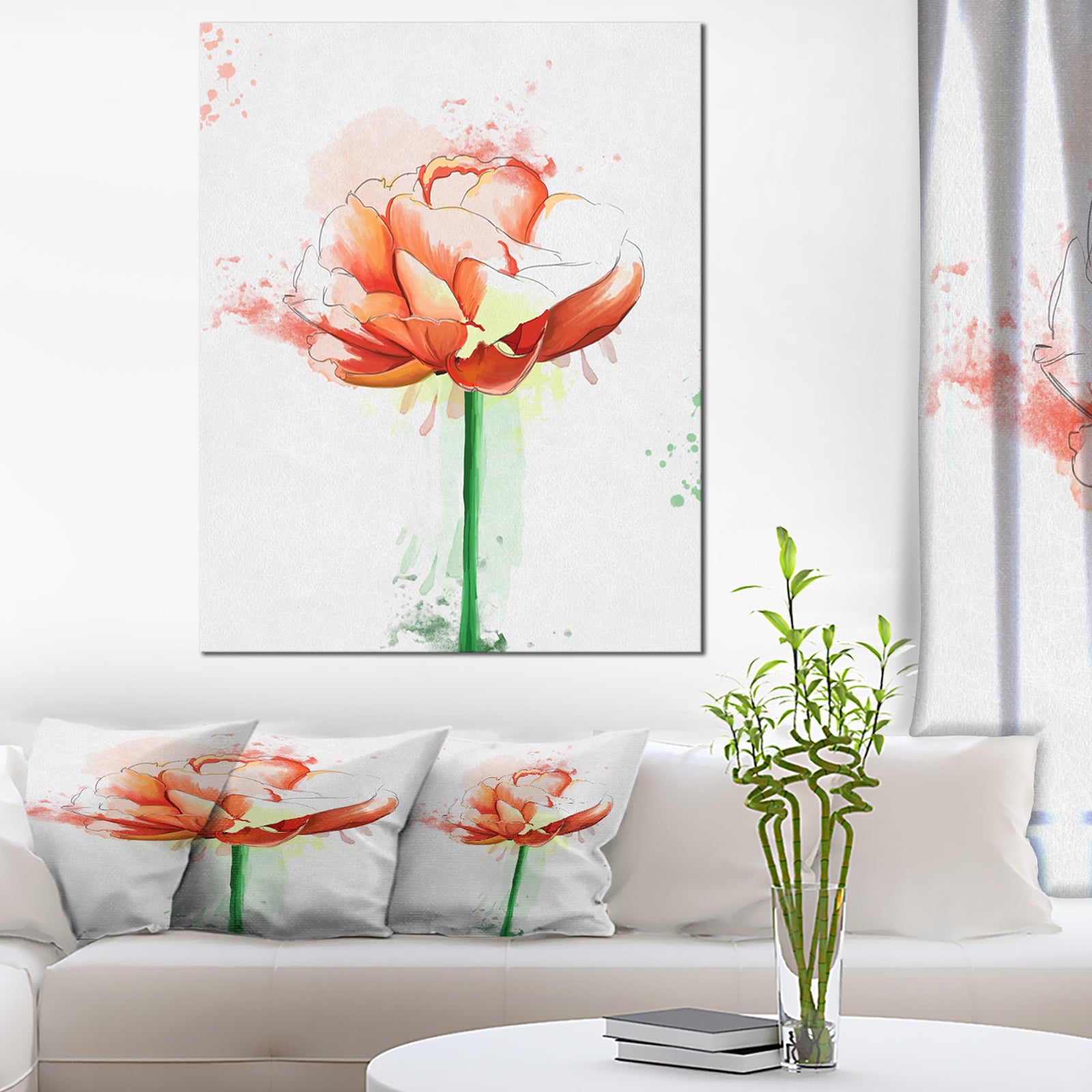 Rose with Stem and Paint Splashes - Large Floral Canvas Artwork