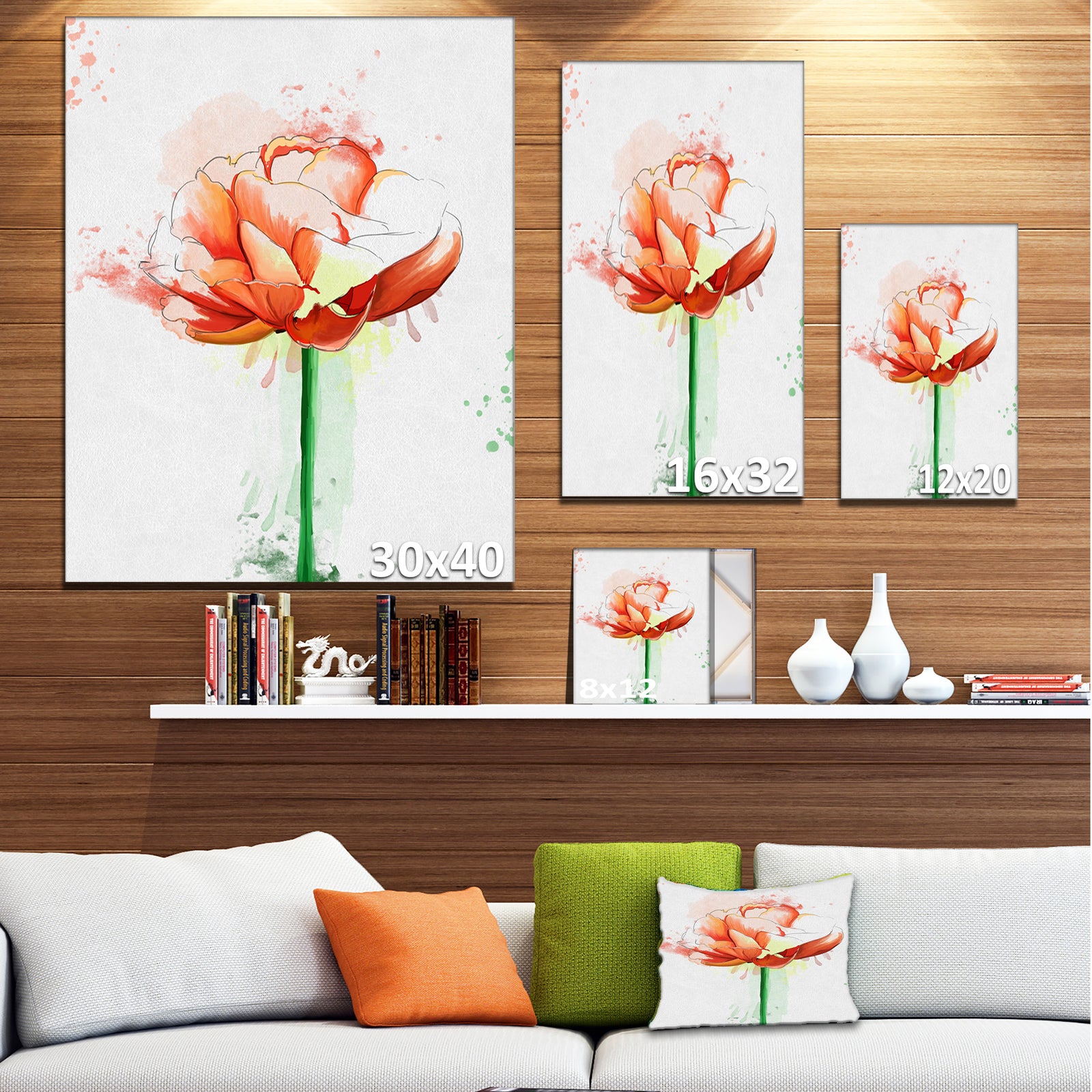 Rose with Stem and Paint Splashes - Large Floral Canvas Artwork