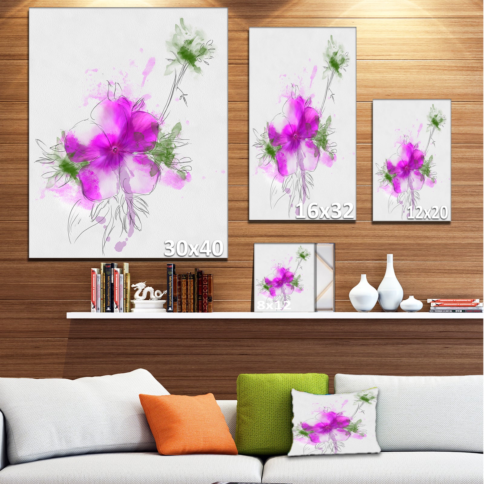 Purple Flower Sketch with Stem - Large Floral Canvas Artwork