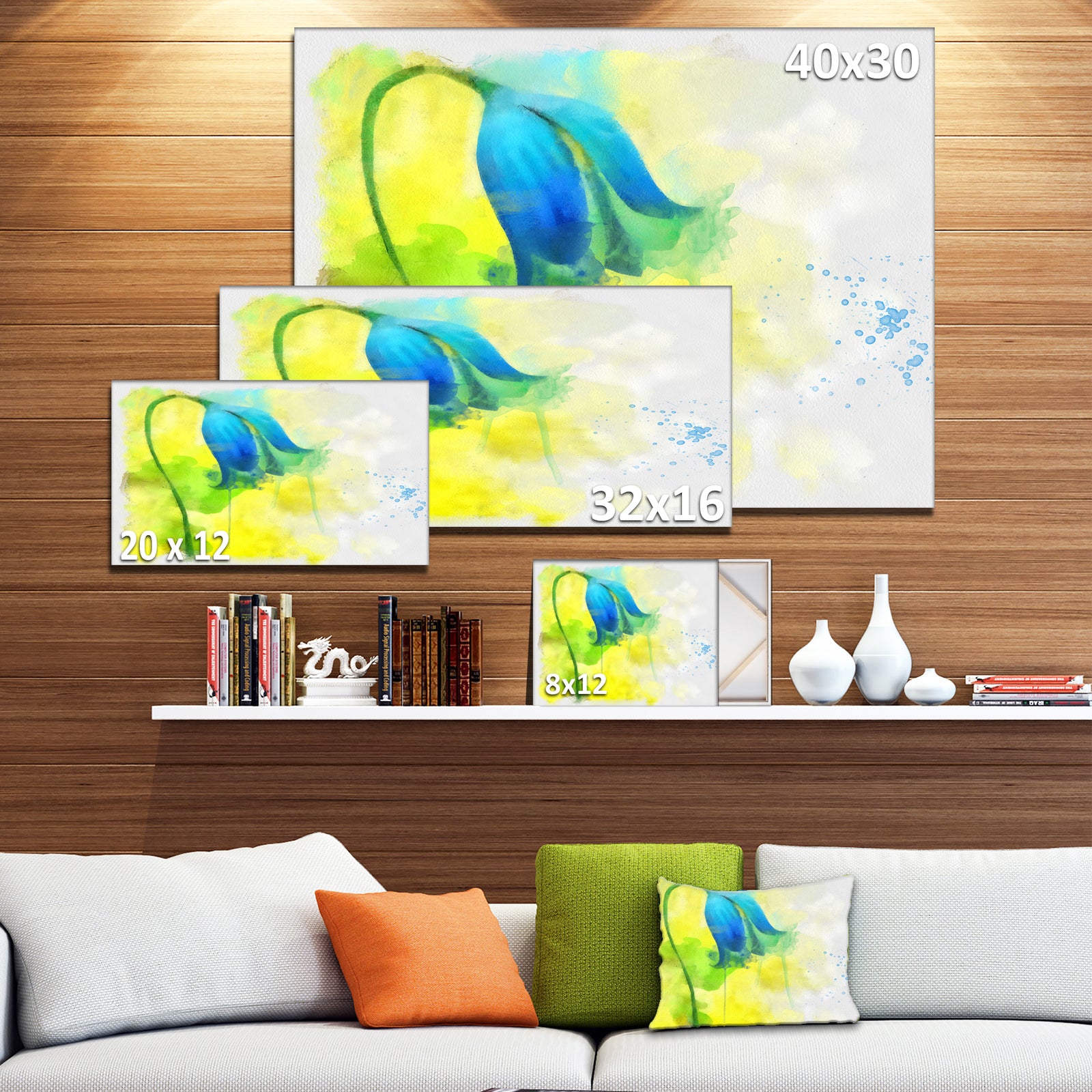 Blue Flower with Yellow Splashes - Large Floral Canvas Artwork