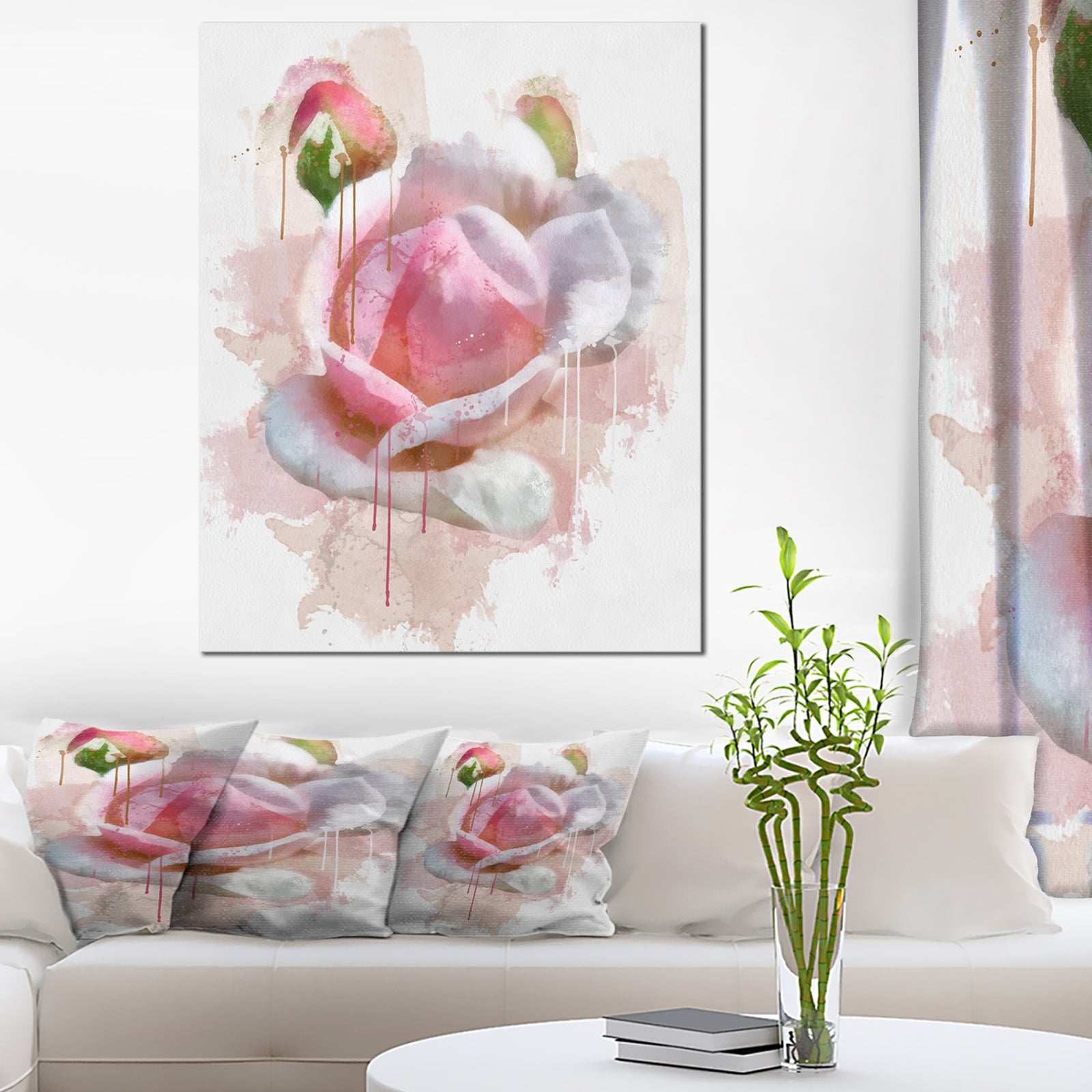 Pink Rose Flower with Paint Splashes - Large Floral Canvas Artwork