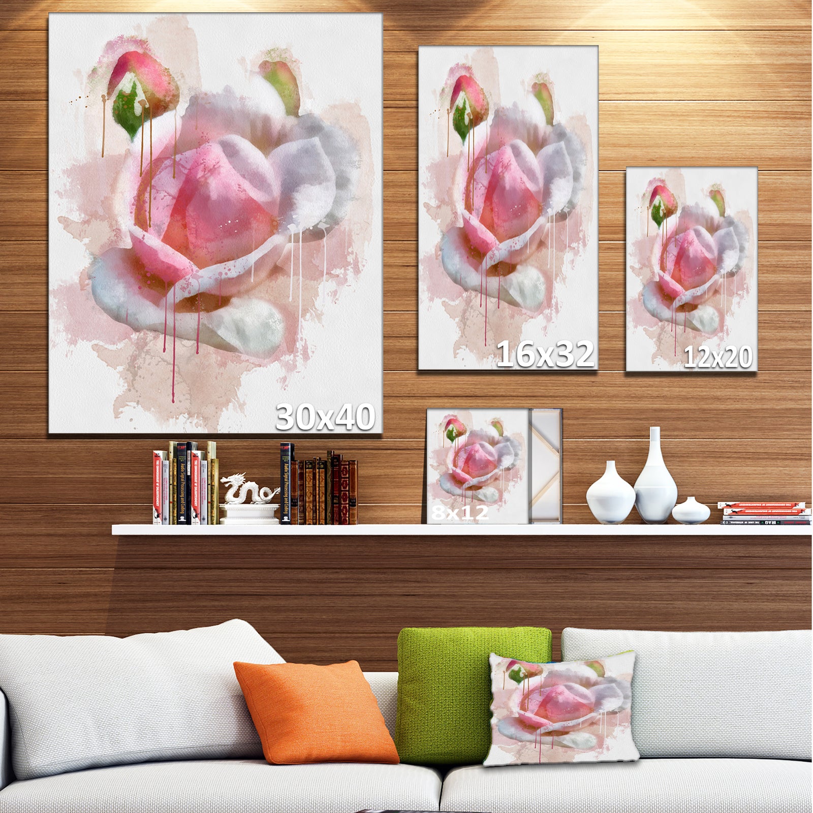 Pink Rose Flower with Paint Splashes - Large Floral Canvas Artwork